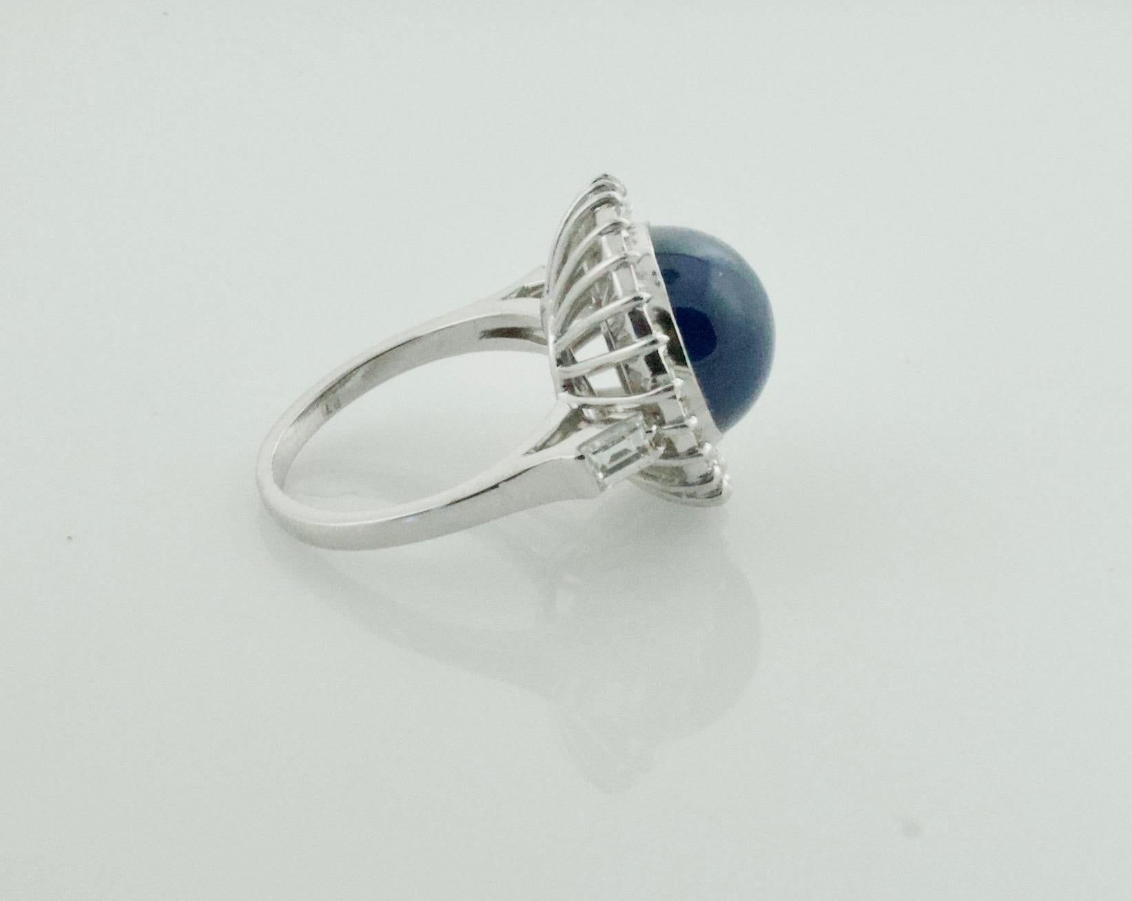 Baguette Cut Blue Star Sapphire and Diamond Ring in Platinum circa 1950's For Sale