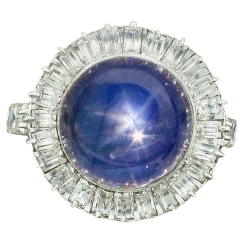 Blue Star Sapphire and Diamond Ring in Platinum circa 1950's For Sale