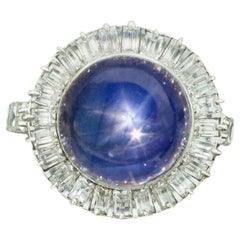 Retro Blue Star Sapphire and Diamond Ring in Platinum circa 1950's
