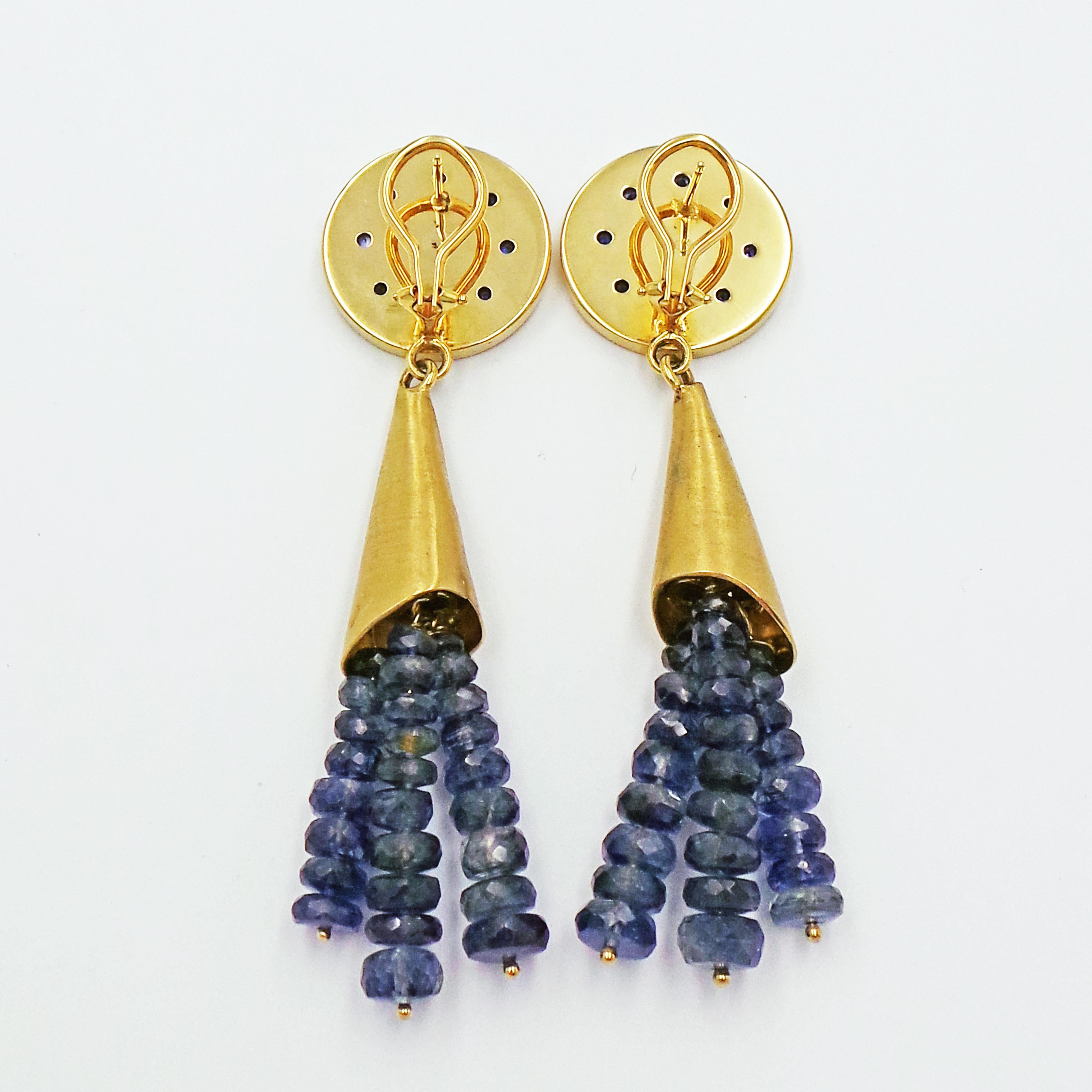 Blue Star Sapphire and Kyanite Beaded Tassel 14 Karat Gold Dangle Stud Earrings In New Condition In Naples, FL