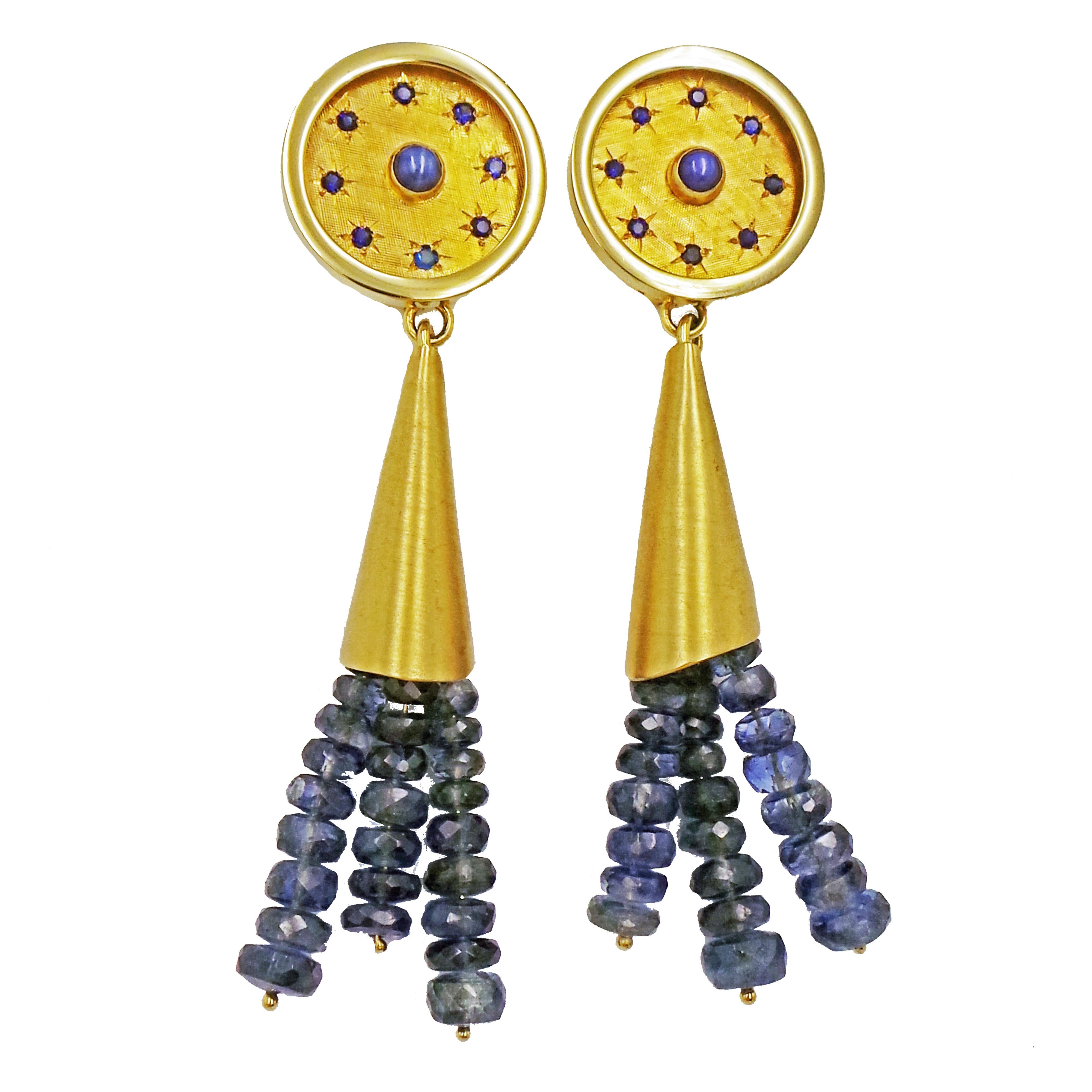 Women's Blue Star Sapphire and Kyanite Beaded Tassel 14 Karat Gold Dangle Stud Earrings