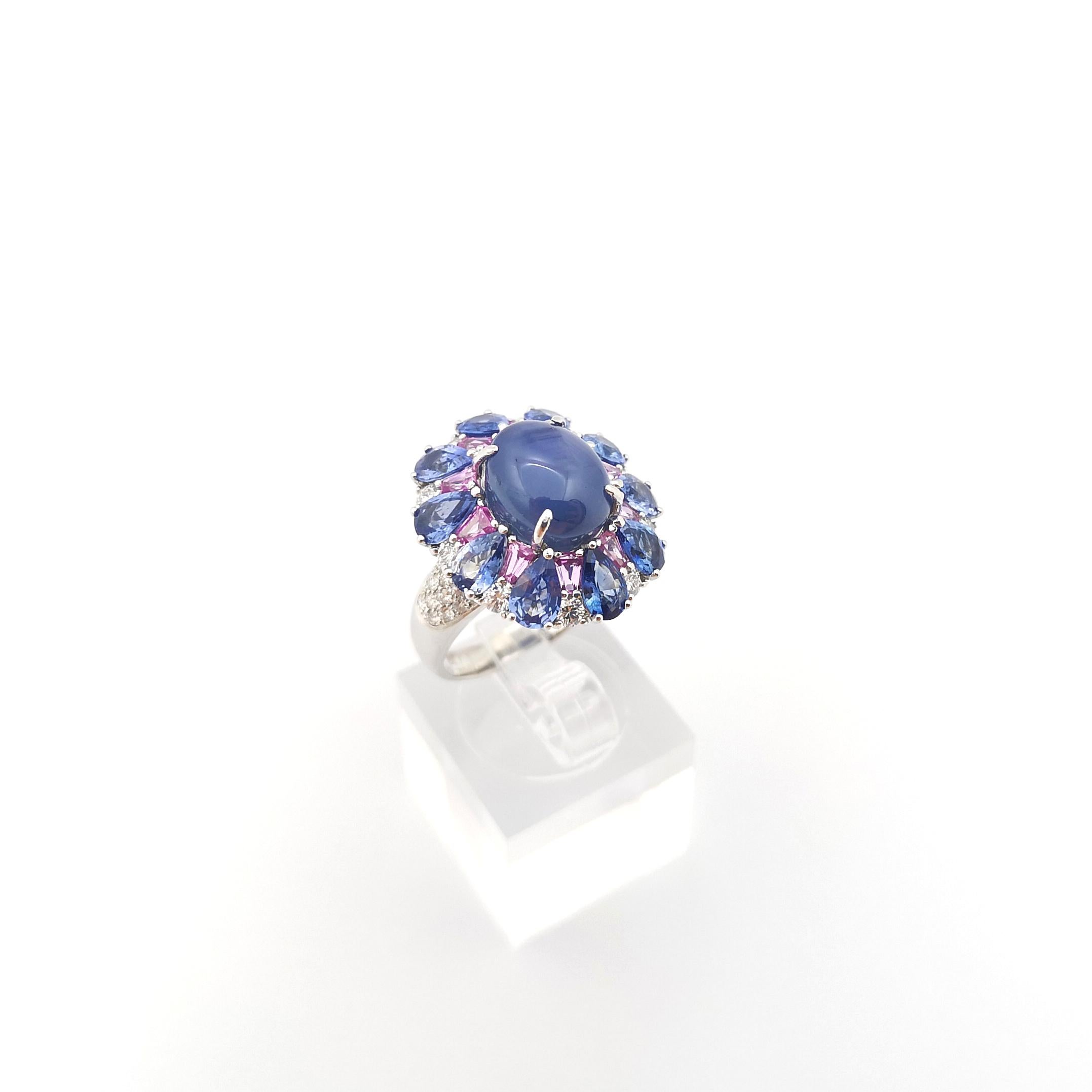 Blue Star Sapphire, Blue Sapphire, Pink Sapphire and Diamond Ring 18K White Gold For Sale 3