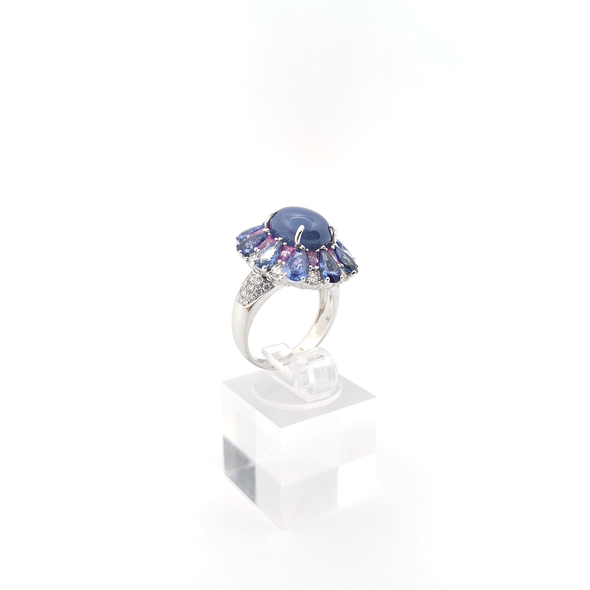 Blue Star Sapphire, Blue Sapphire, Pink Sapphire and Diamond Ring 18K White Gold For Sale 4