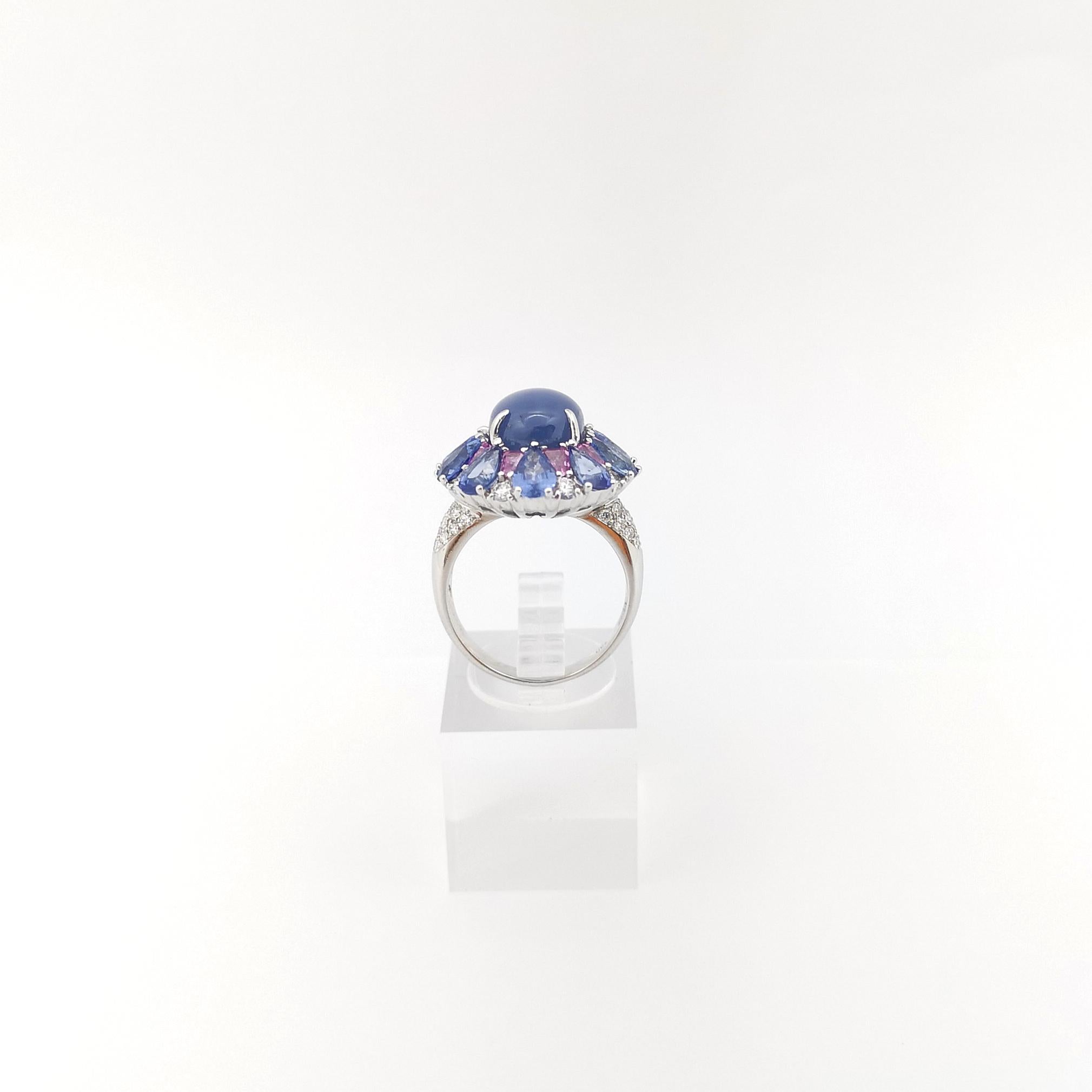 Blue Star Sapphire, Blue Sapphire, Pink Sapphire and Diamond Ring 18K White Gold For Sale 5