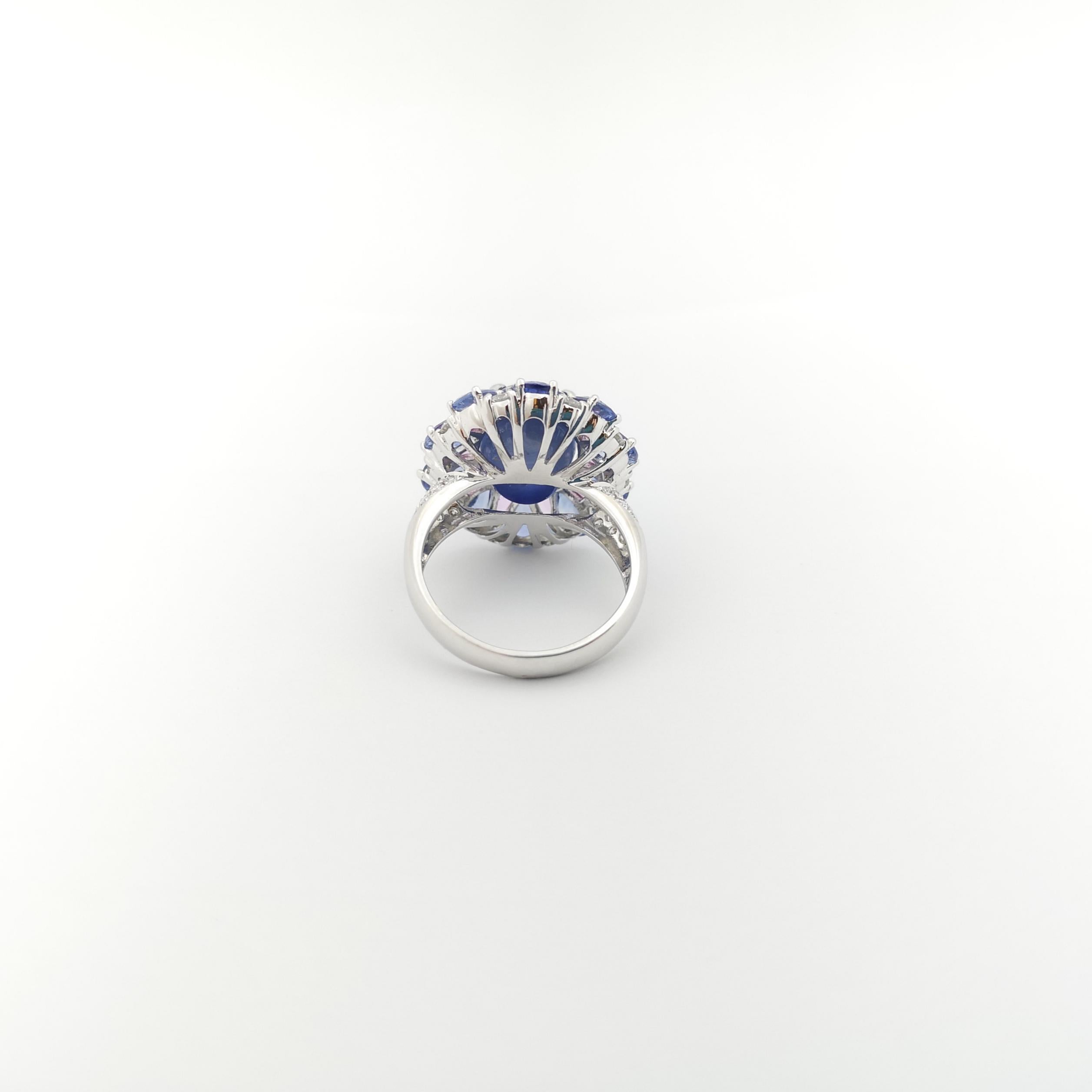 Blue Star Sapphire, Blue Sapphire, Pink Sapphire and Diamond Ring 18K White Gold For Sale 6