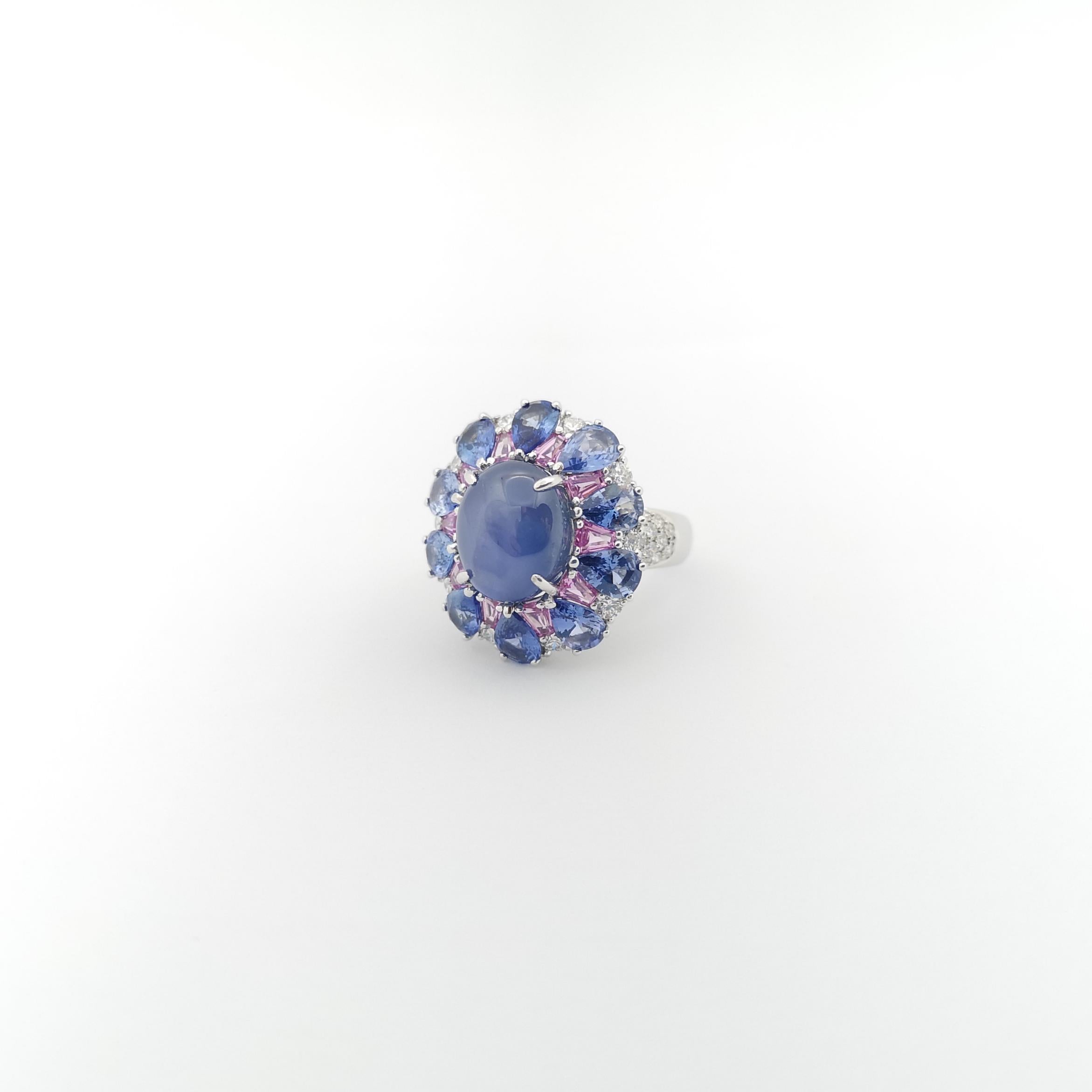 Blue Star Sapphire, Blue Sapphire, Pink Sapphire and Diamond Ring 18K White Gold For Sale 7