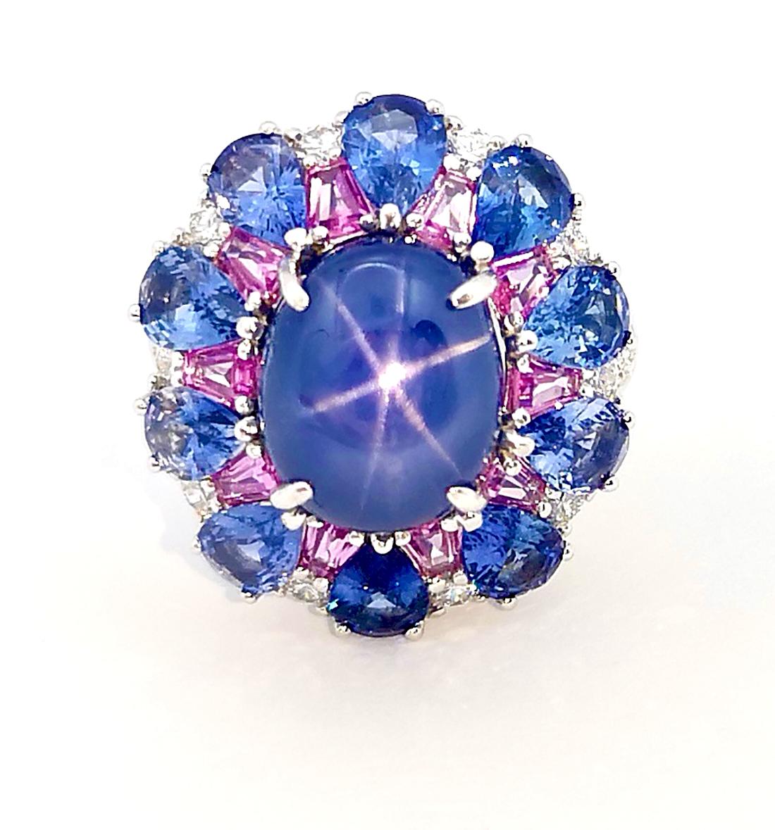Blue Star Sapphire, Blue Sapphire, Pink Sapphire and Diamond Ring 18K White Gold For Sale 8
