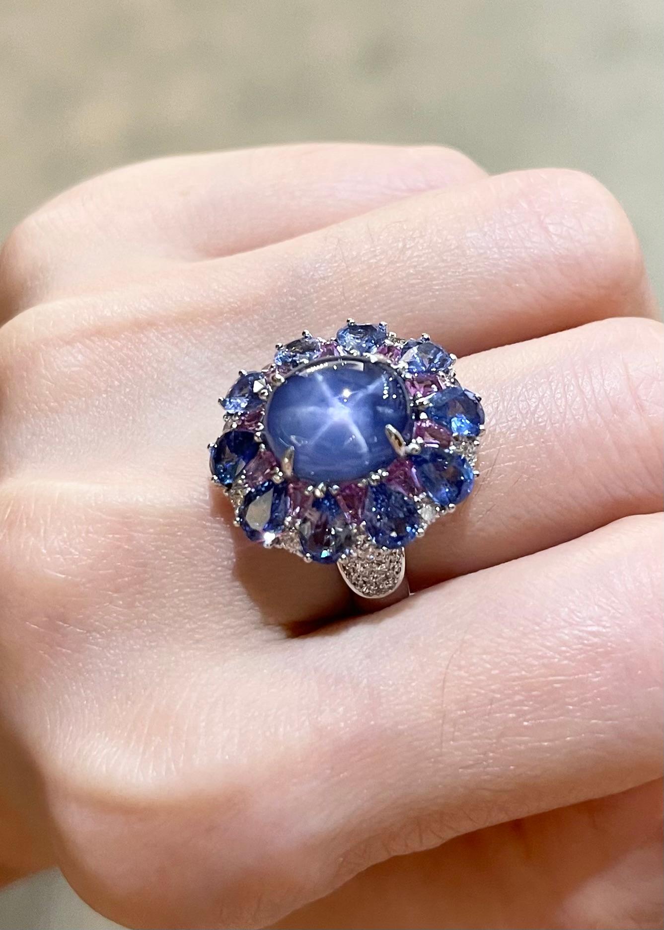 Contemporary Blue Star Sapphire, Blue Sapphire, Pink Sapphire and Diamond Ring 18K White Gold For Sale
