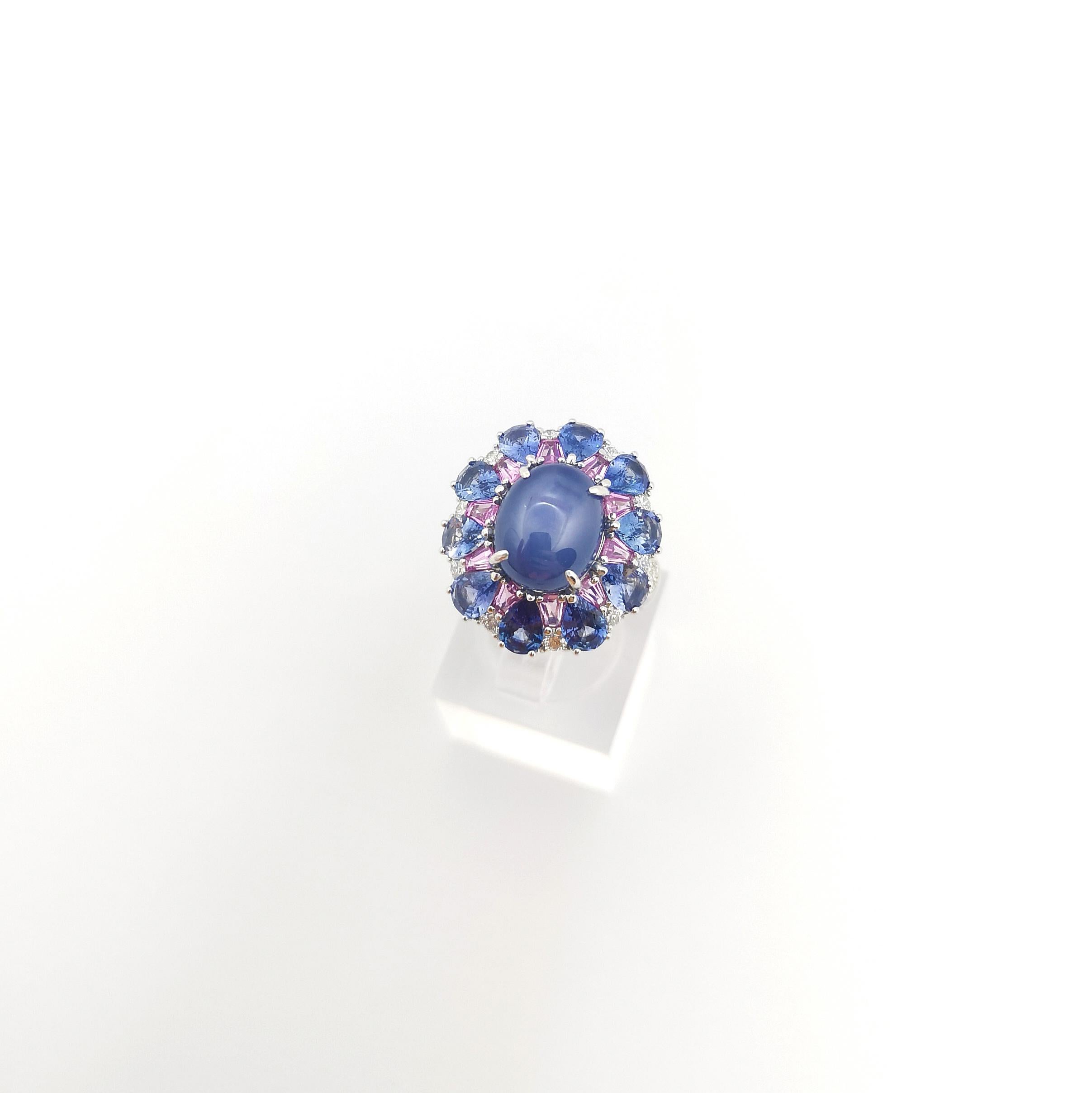 Women's Blue Star Sapphire, Blue Sapphire, Pink Sapphire and Diamond Ring 18K White Gold For Sale