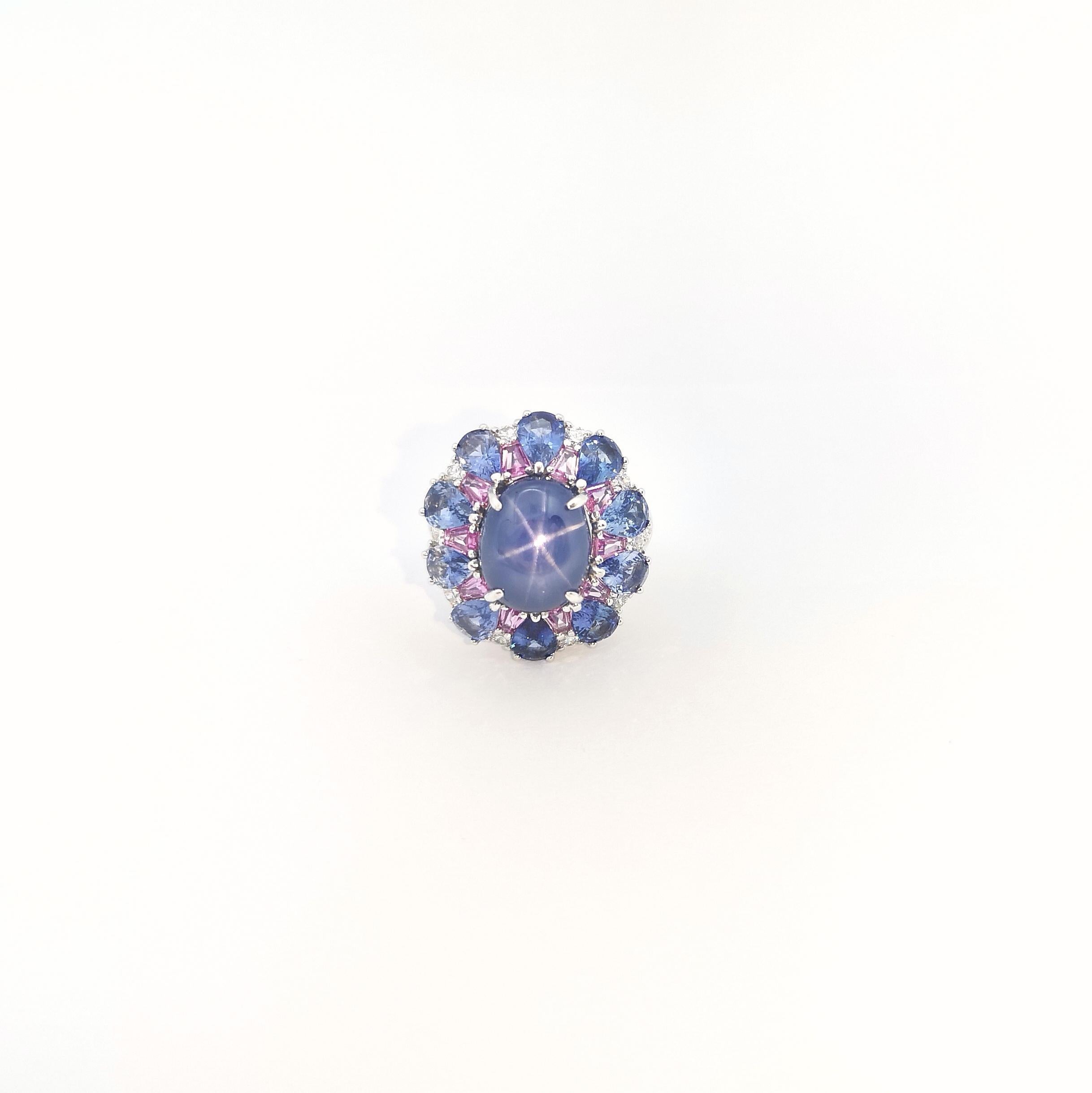 Blue Star Sapphire, Blue Sapphire, Pink Sapphire and Diamond Ring 18K White Gold For Sale 1