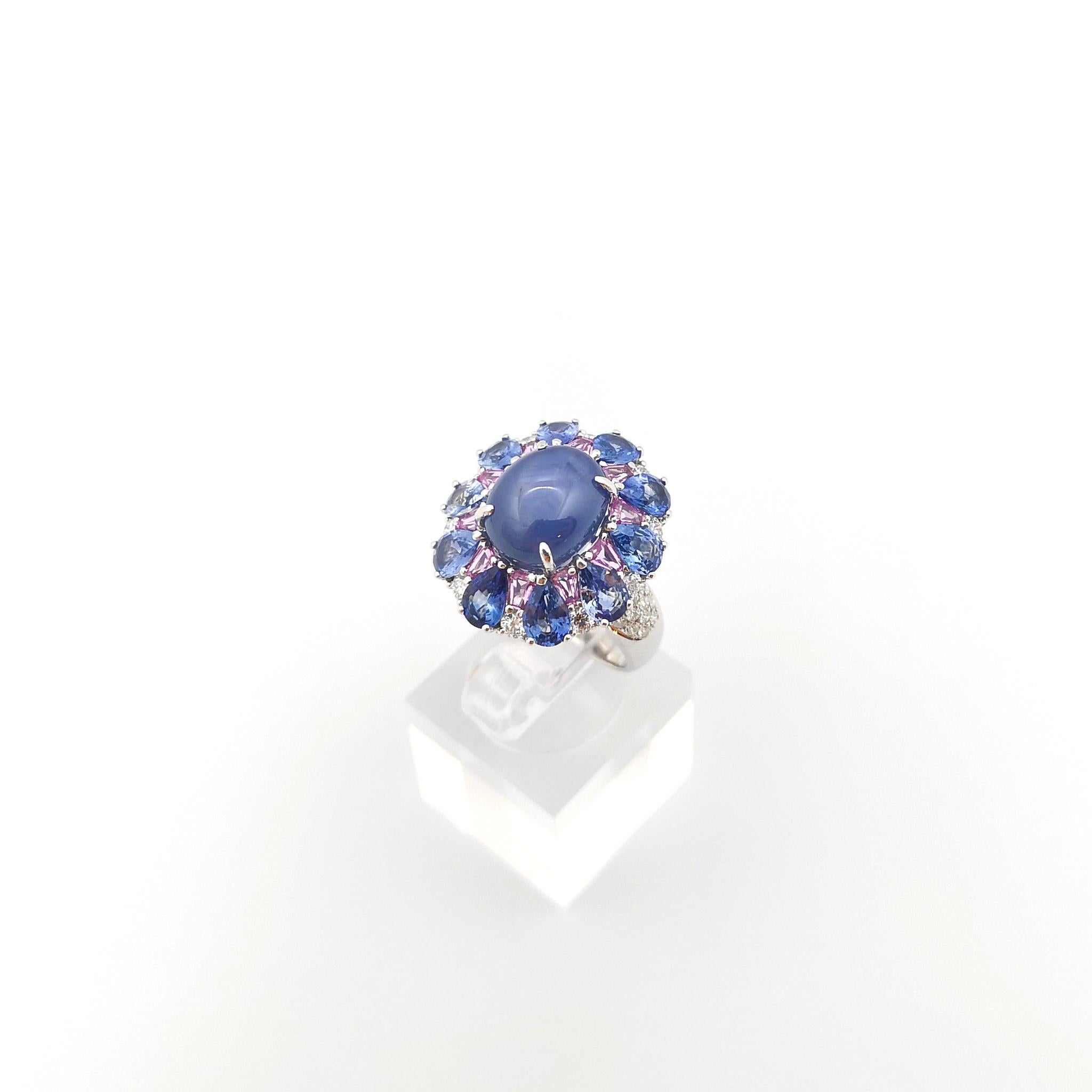 Blue Star Sapphire, Blue Sapphire, Pink Sapphire and Diamond Ring 18K White Gold For Sale 2