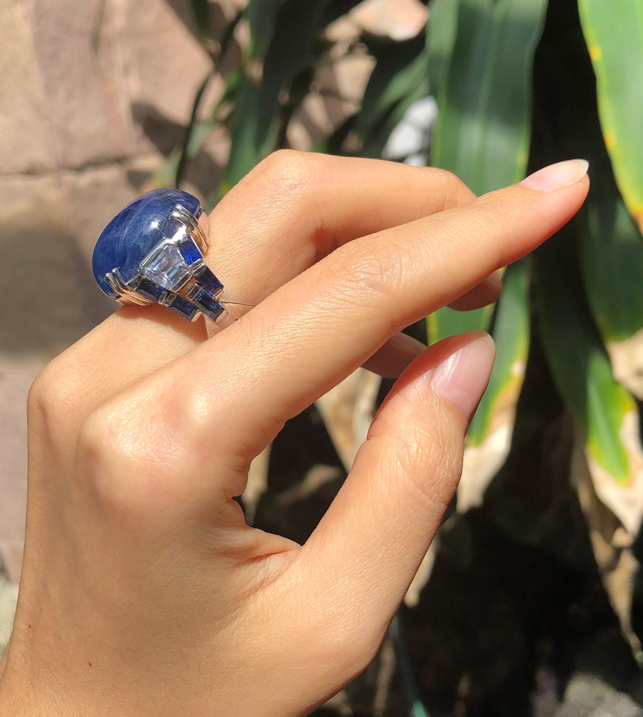 Women's Blue Star Sapphire, Blue Sapphire Ring in 18 Karat White Gold Settings For Sale