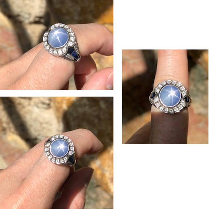 Art Deco Blue Star Sapphire, Blue Sapphire with Diamond Ring in 18 Karat Gold Setting