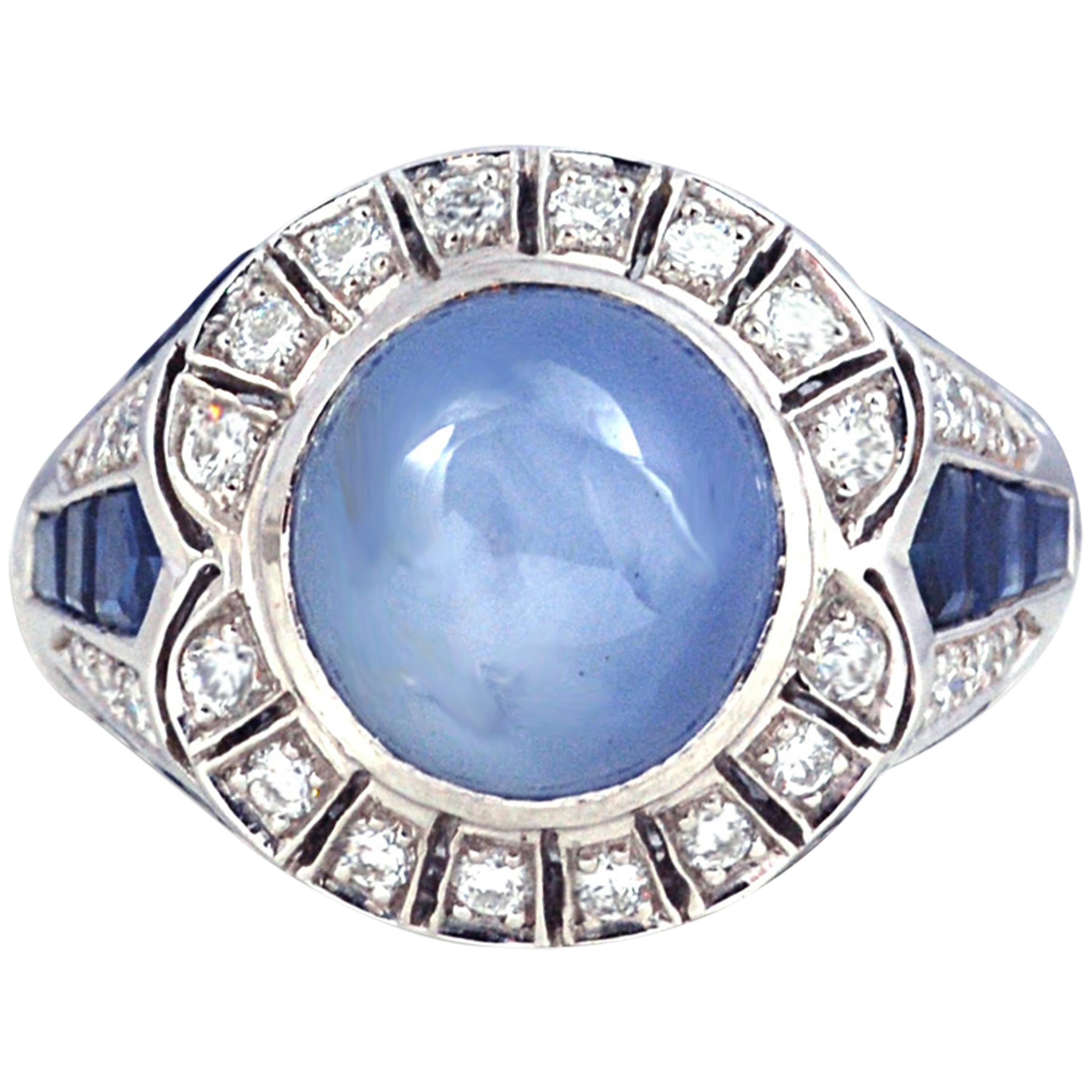 Blue Star Sapphire, Blue Sapphire with Diamond Ring in 18 Karat Gold Setting