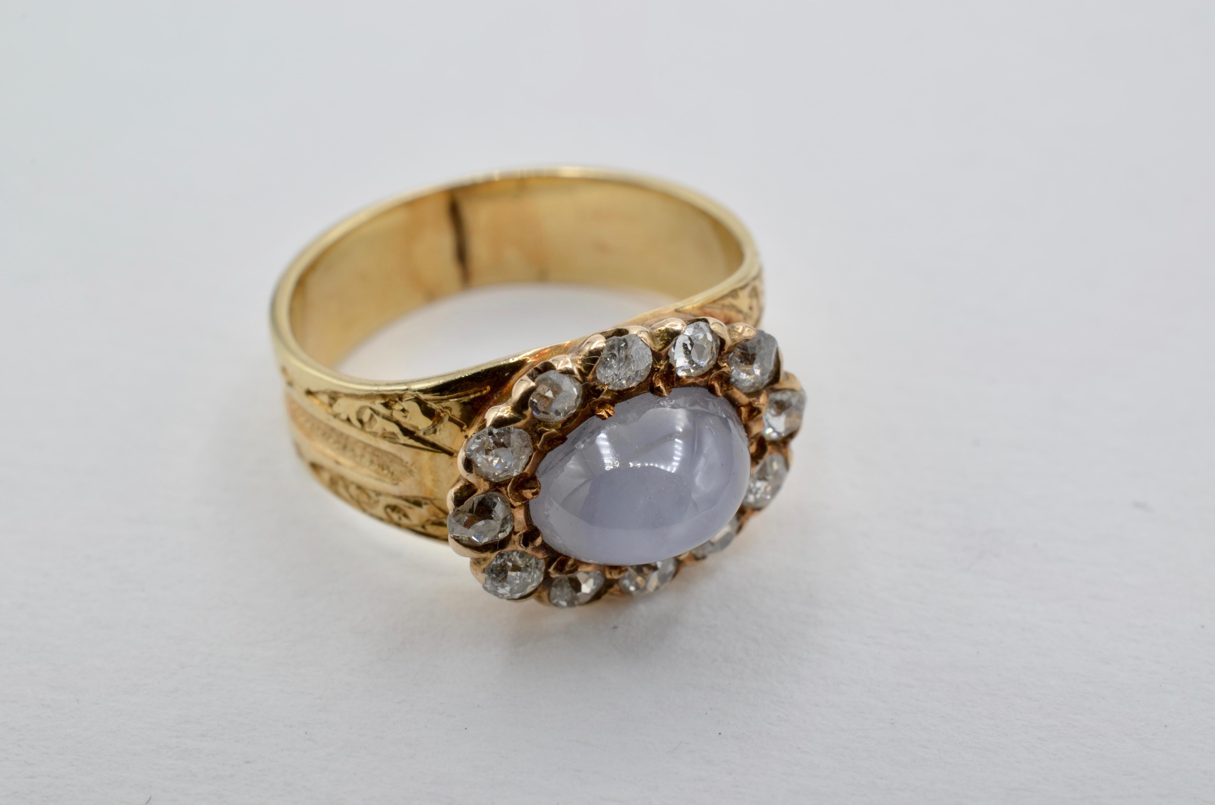 This stunning blue star sapphire ( aprox. 1 1/4 ct) ring is surrounded by a halo of old mine cut diamonds ( total weight aprox. 0.60 ct.) The Late Victorian period was a prolific time in history for feminine and striking pieces such as this ring. A