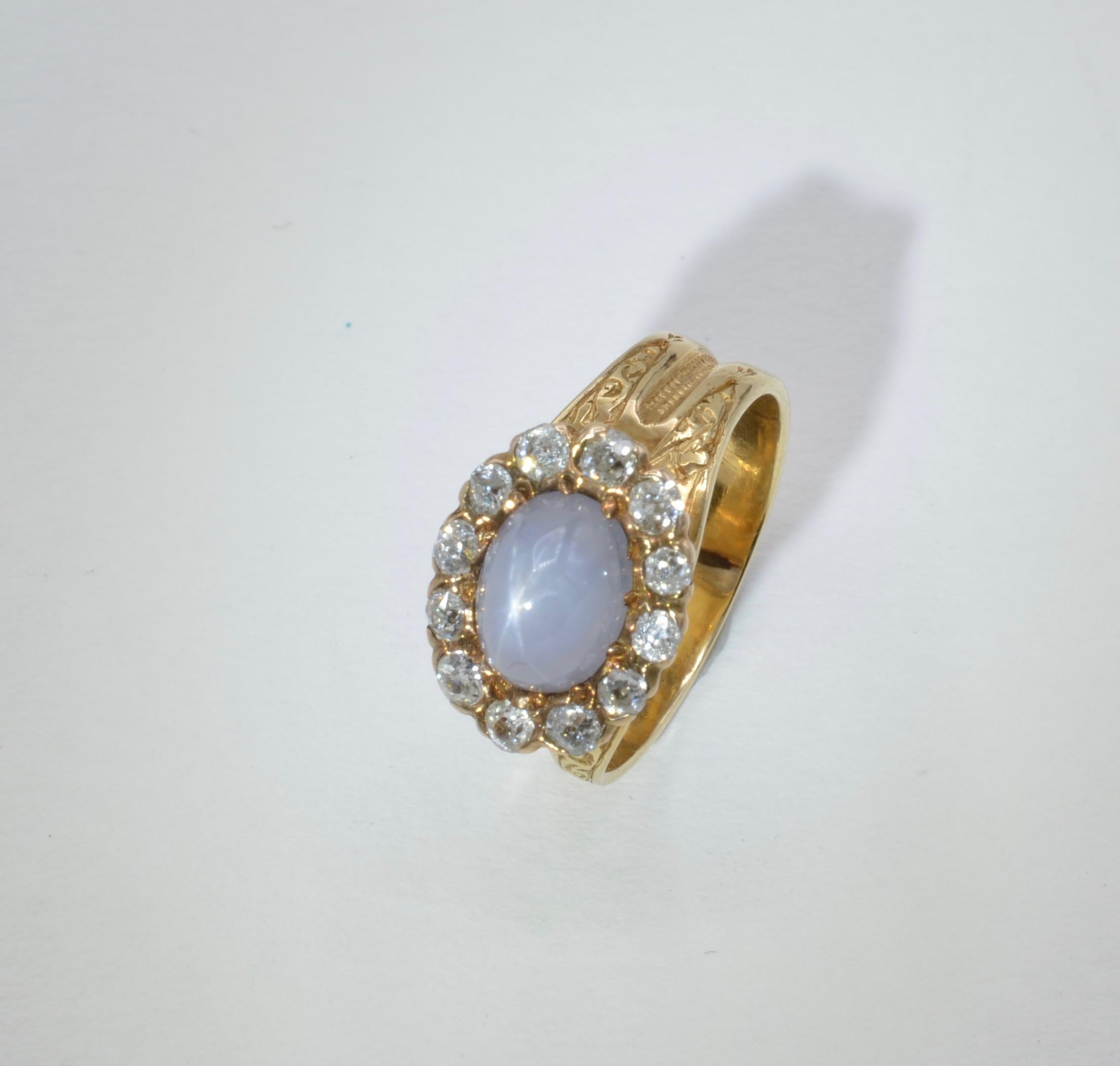 Blue Star Sapphire Diamond Antique Ring In Good Condition For Sale In Berkeley, CA