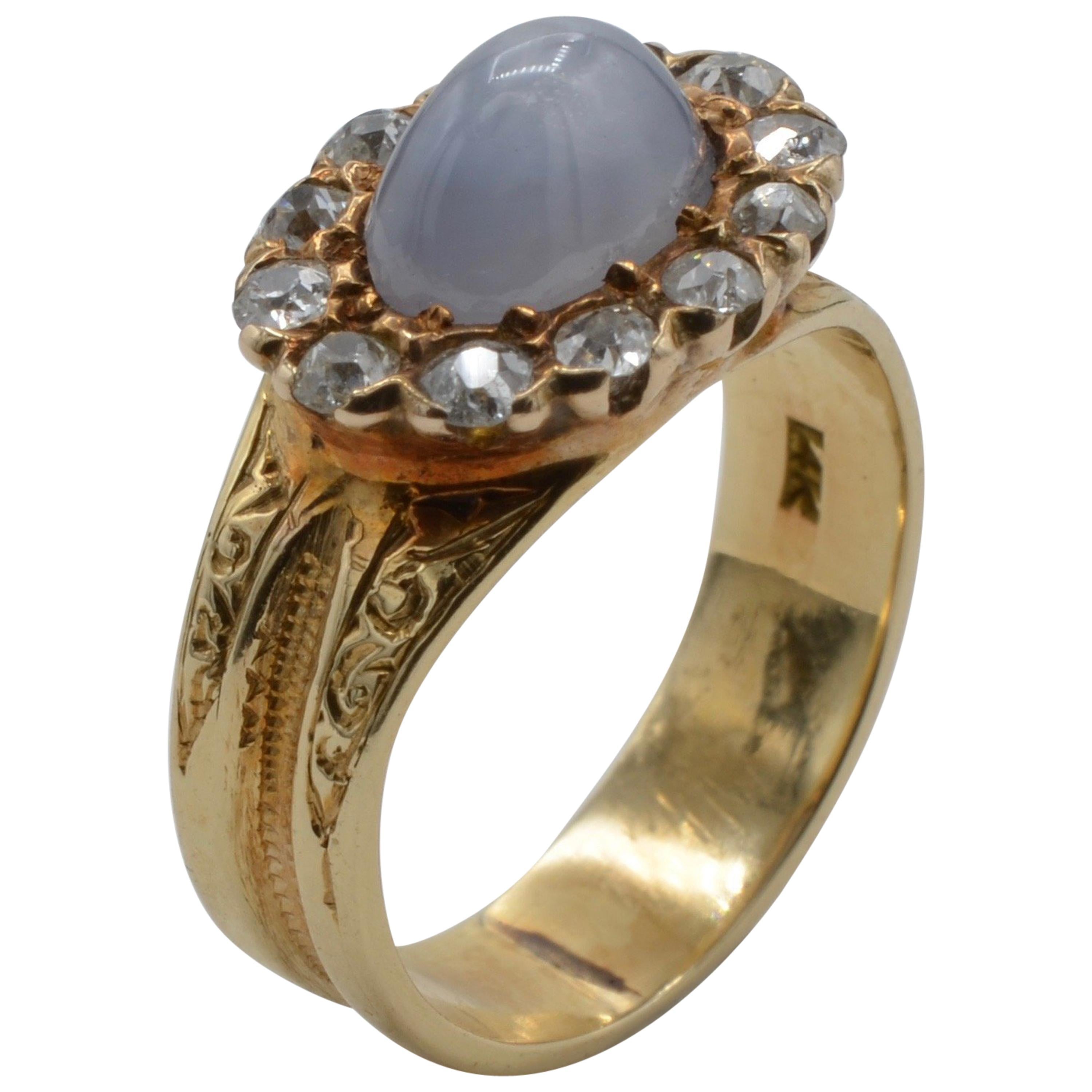 Blue Star Sapphire Diamond Antique Ring For Sale