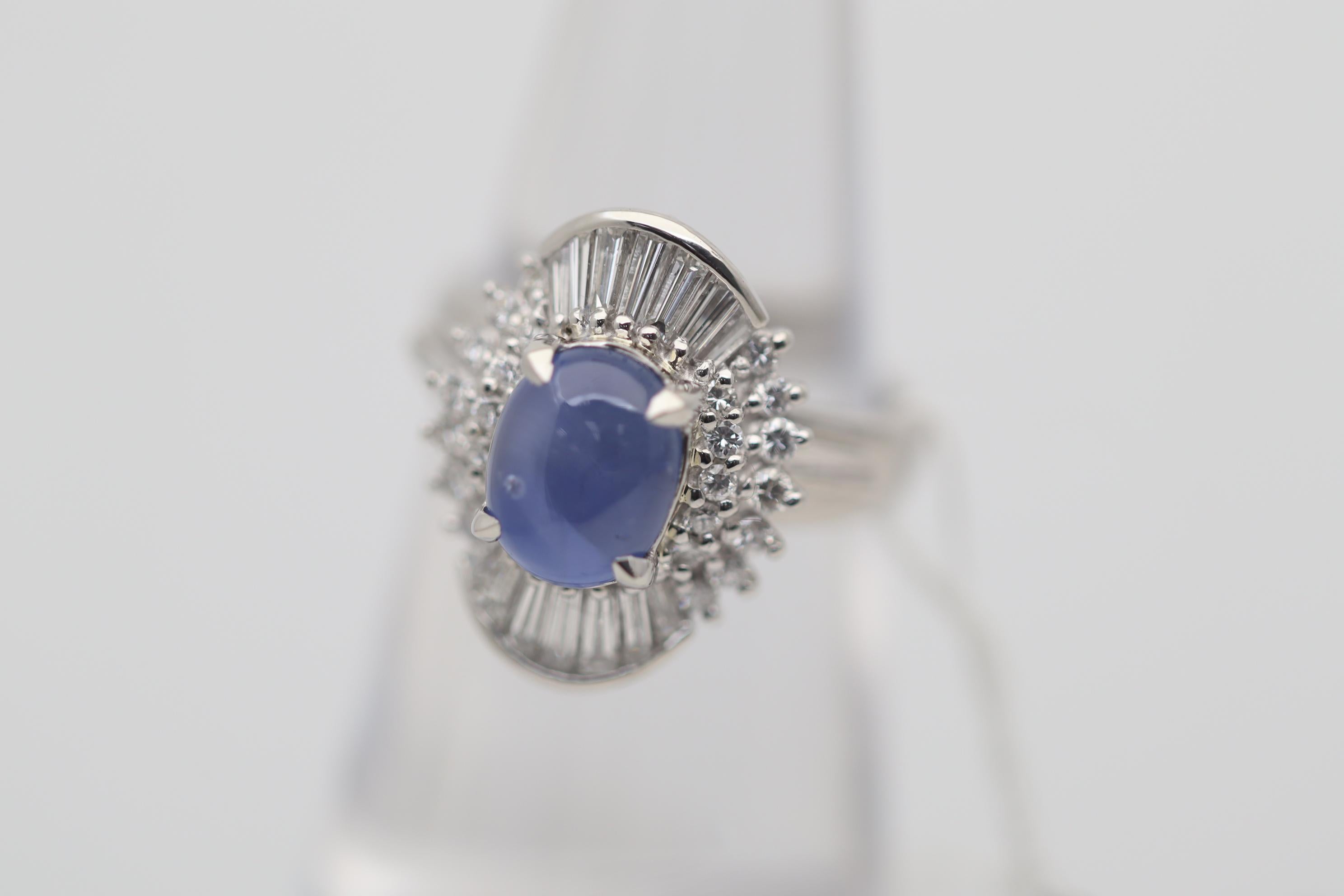 Cabochon Blue Star Sapphire Diamond Platinum Ring For Sale