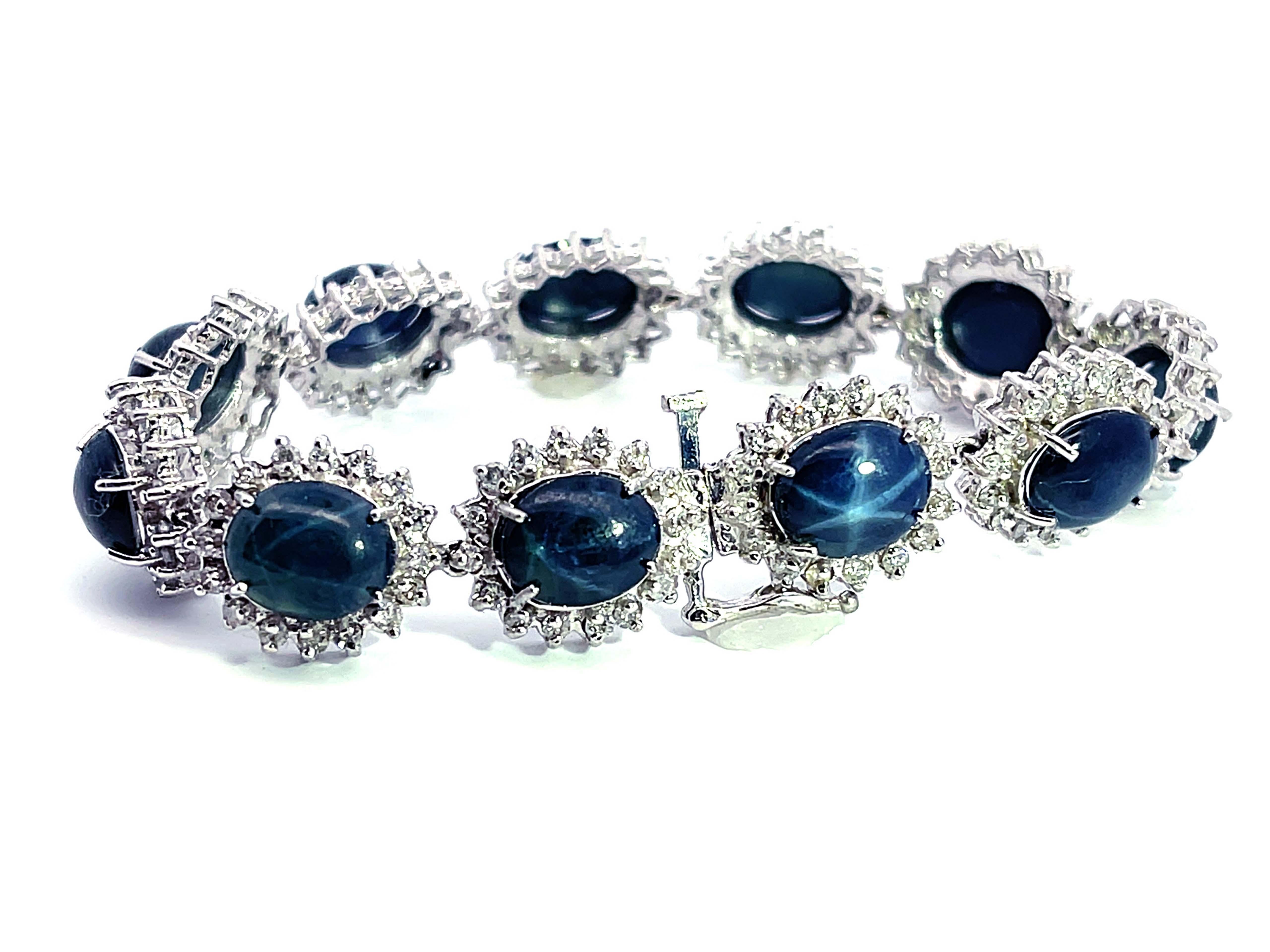 Moderne Bracelet en or blanc 14k avec diamant et saphir en étoile bleue en vente
