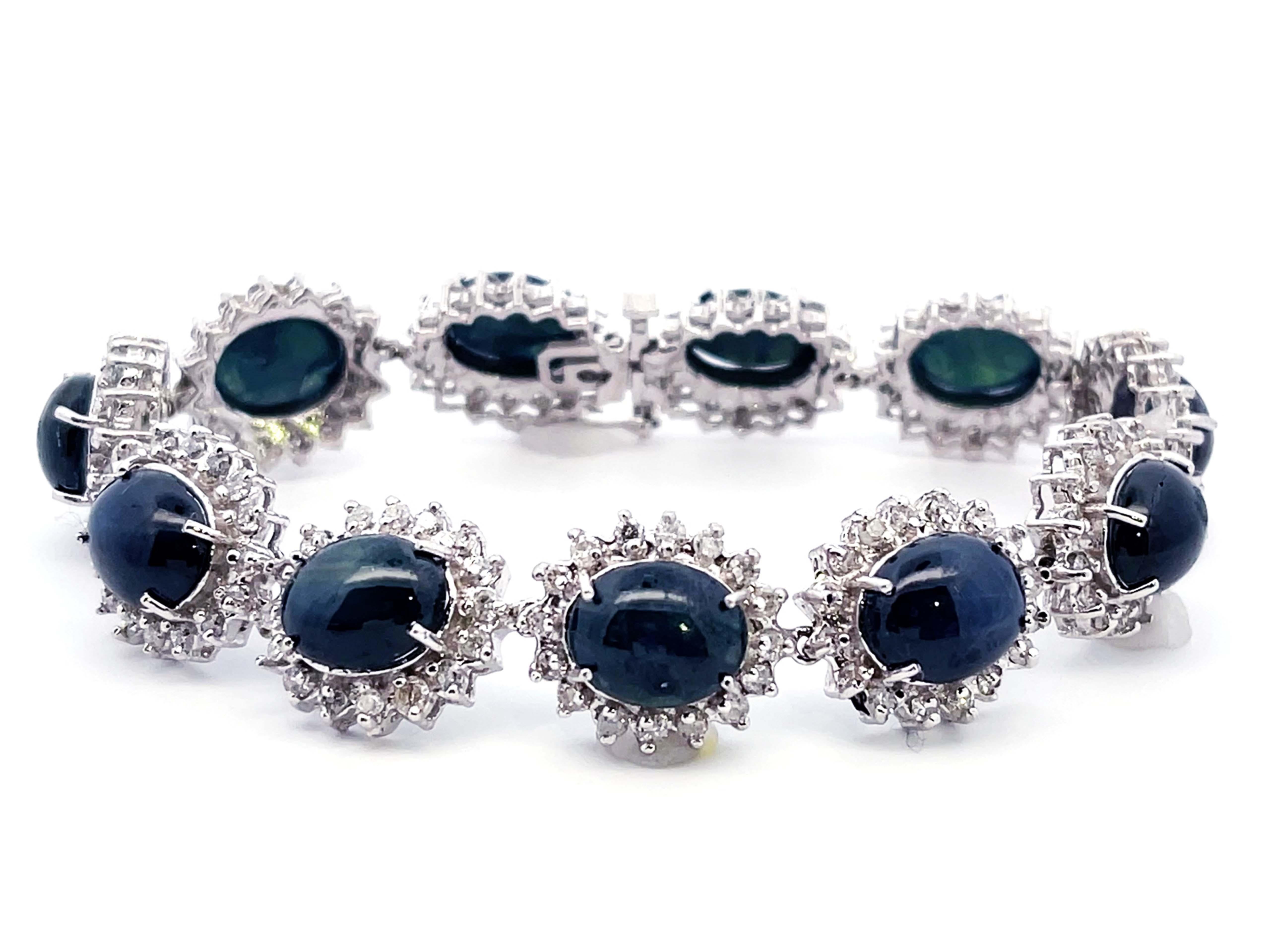 Taille brillant Bracelet en or blanc 14k avec diamant et saphir en étoile bleue en vente