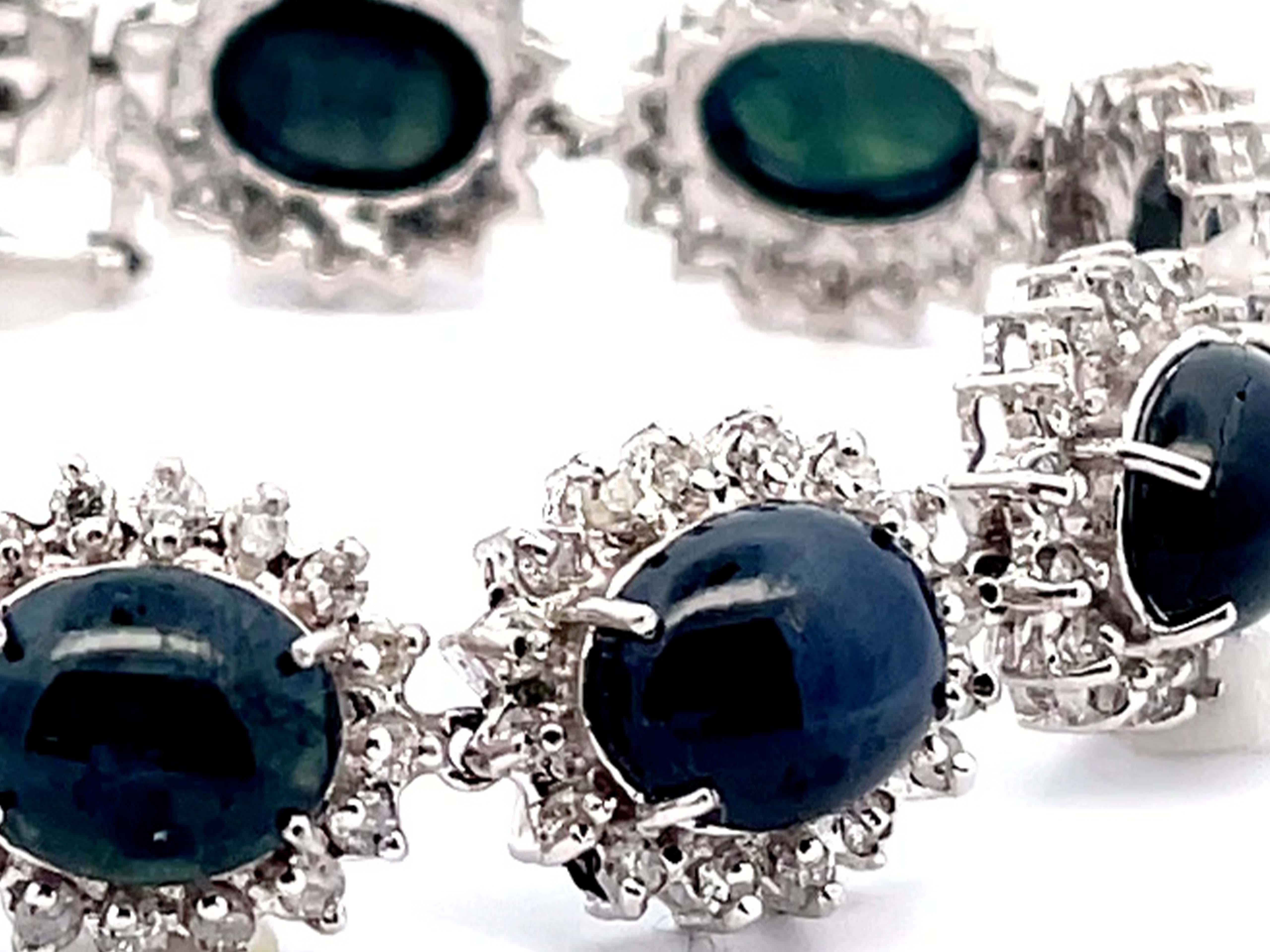 Brilliant Cut Blue Star Sapphire Diamond Statement Bracelet in 14k White Gold For Sale