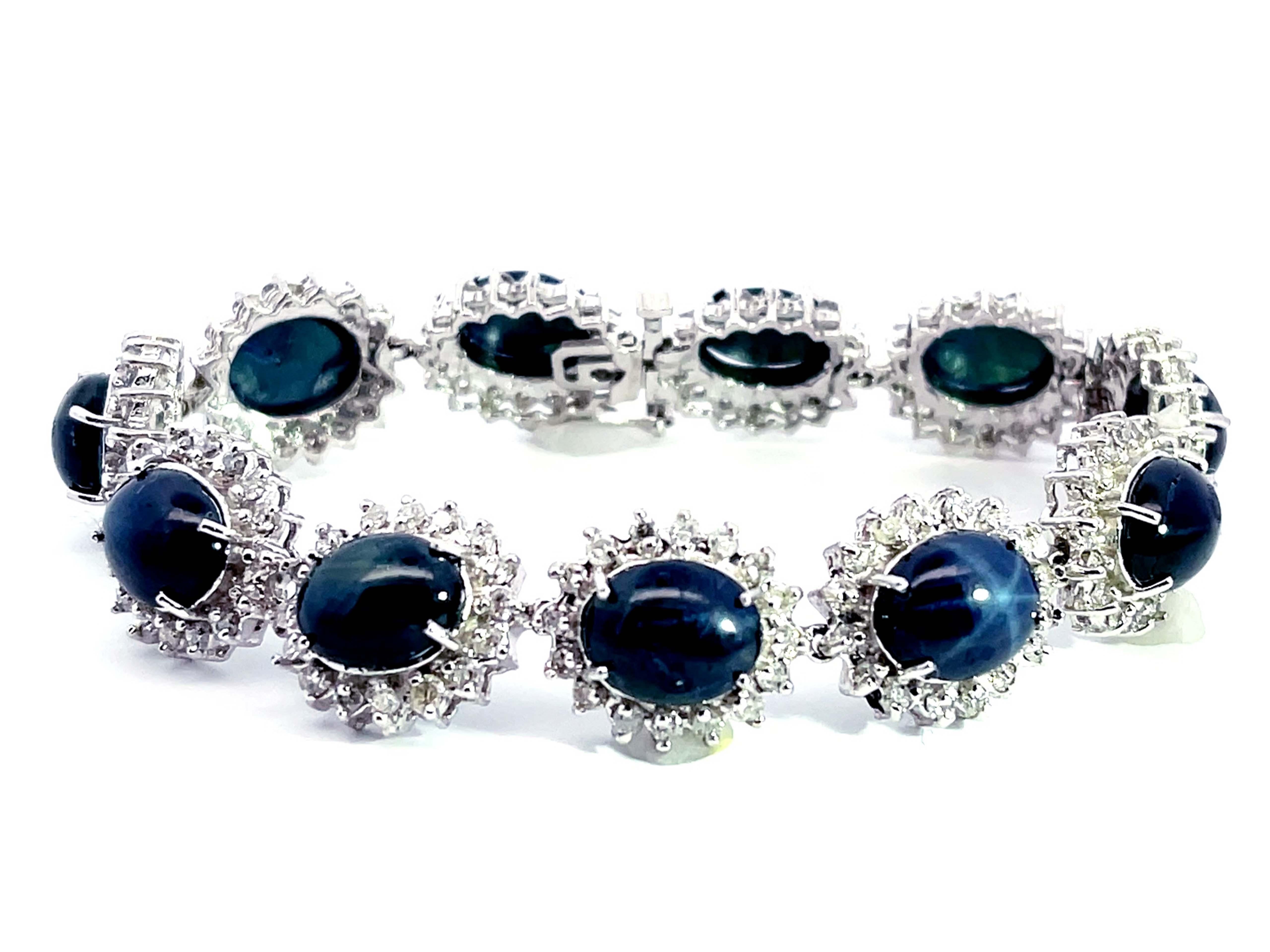 Blue Star Sapphire Diamond Statement Bracelet in 14k White Gold In Excellent Condition For Sale In Honolulu, HI