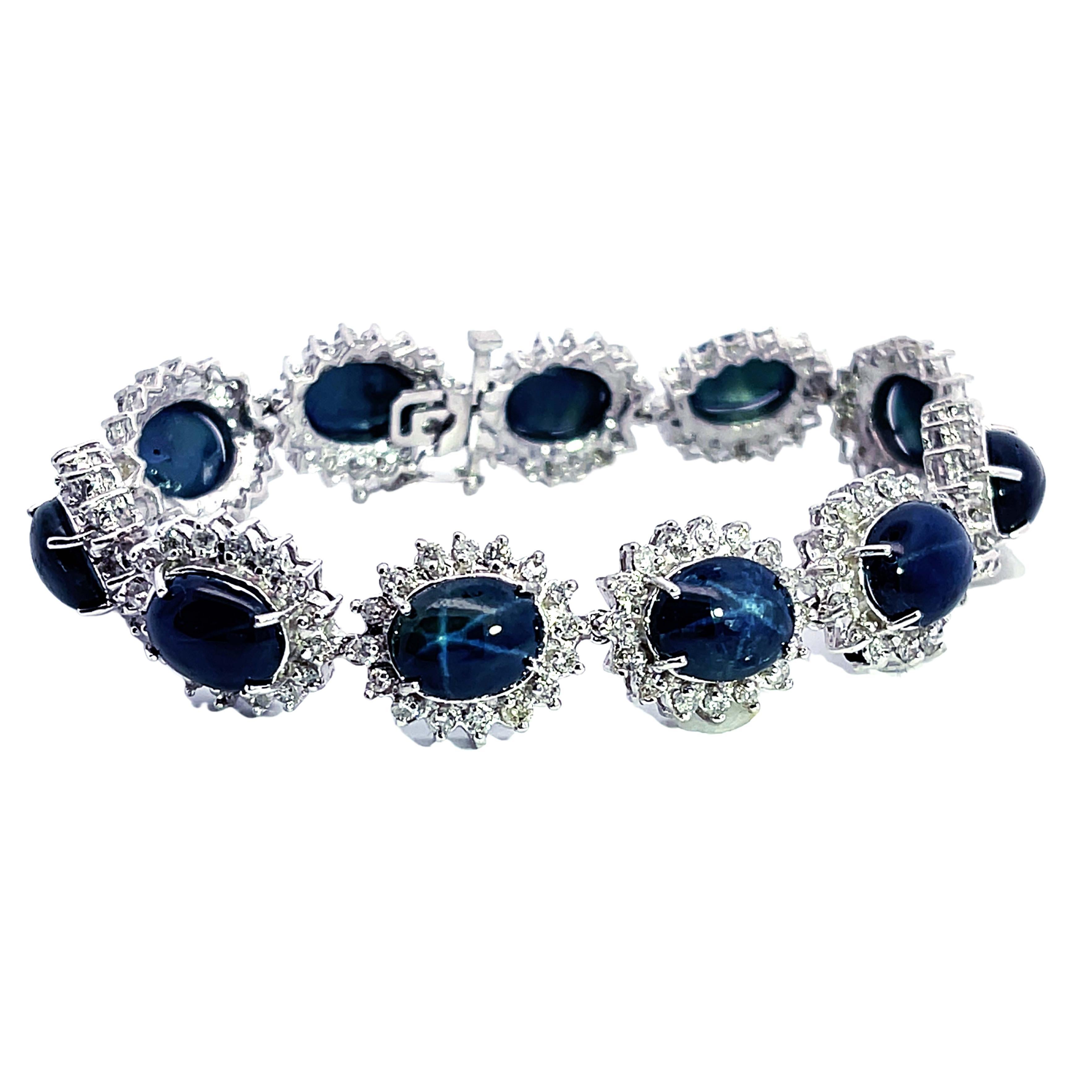Blue Star Sapphire Diamond Statement Bracelet in 14k White Gold For Sale
