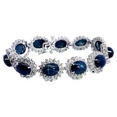 Vintage Blue Star Sapphire Diamond Statement Bracelet in 14k White Gold