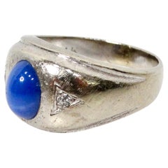 Blue Star Sapphire Etched 14k White Gold Cocktail Ring circa 1950s