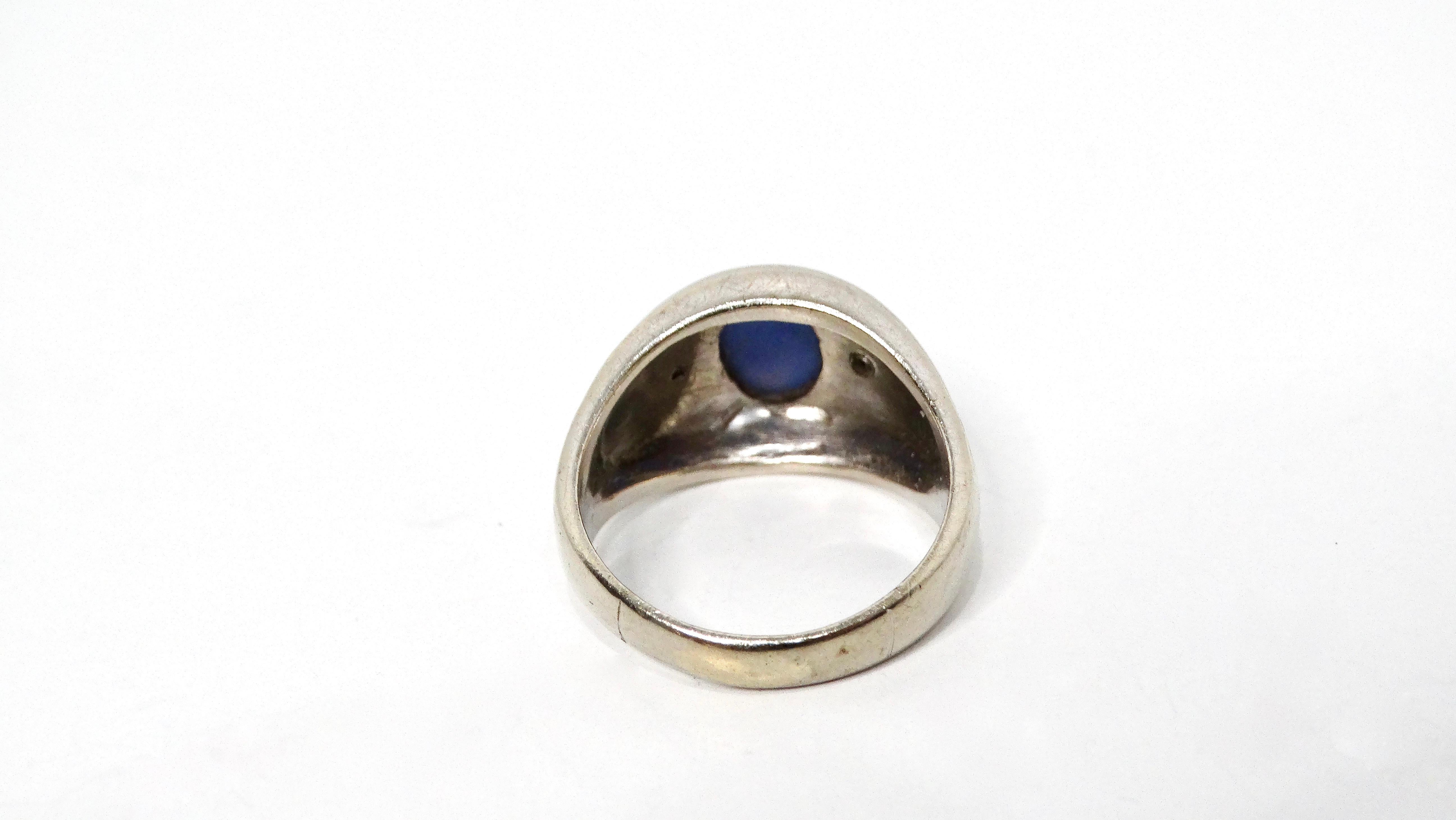 Women's or Men's Blue Star Sapphire Etched 14k White Gold Cocktail Ring circa 1950s For Sale