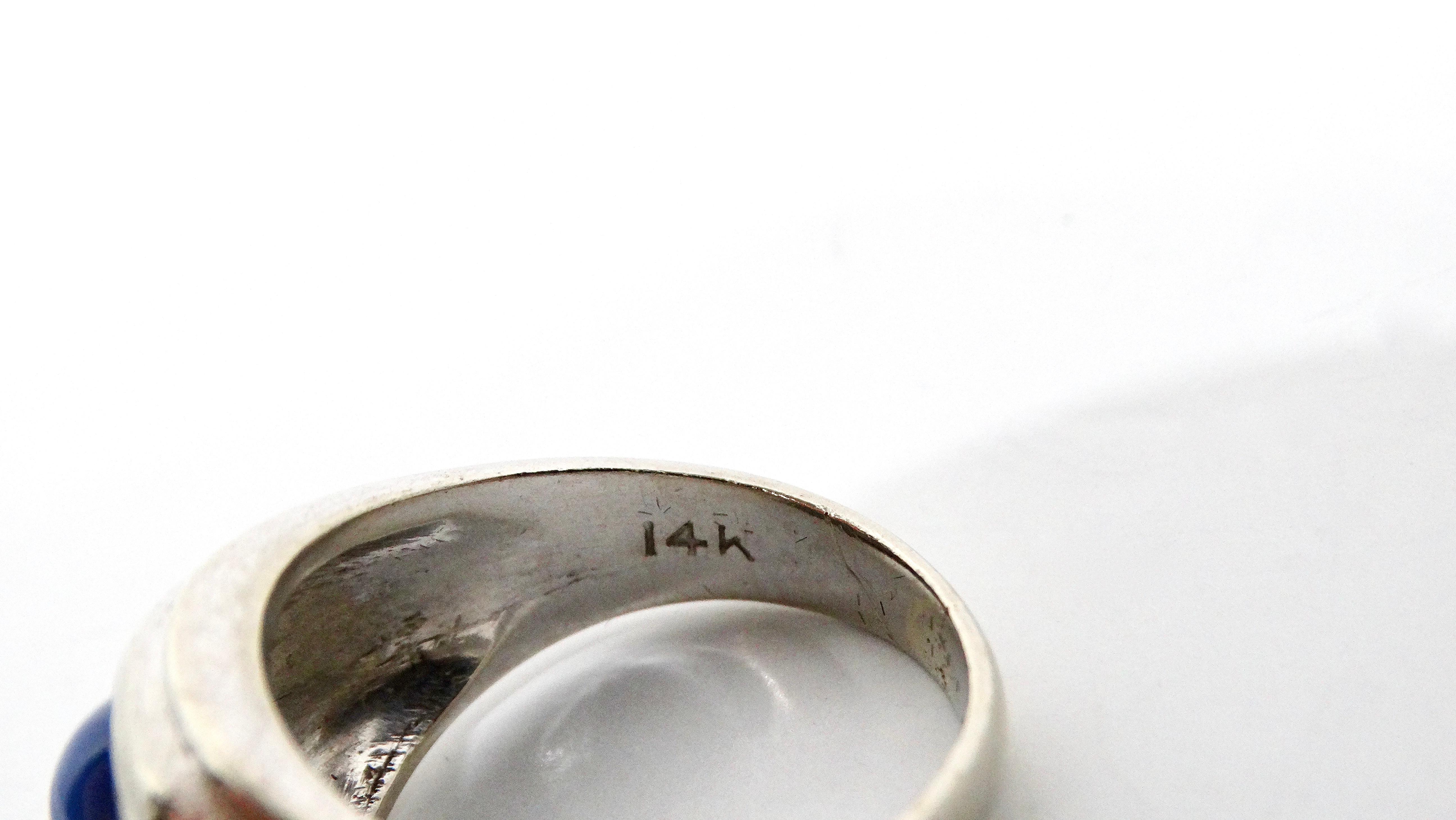 Blue Star Sapphire Etched 14k White Gold Cocktail Ring circa 1950s For Sale 1