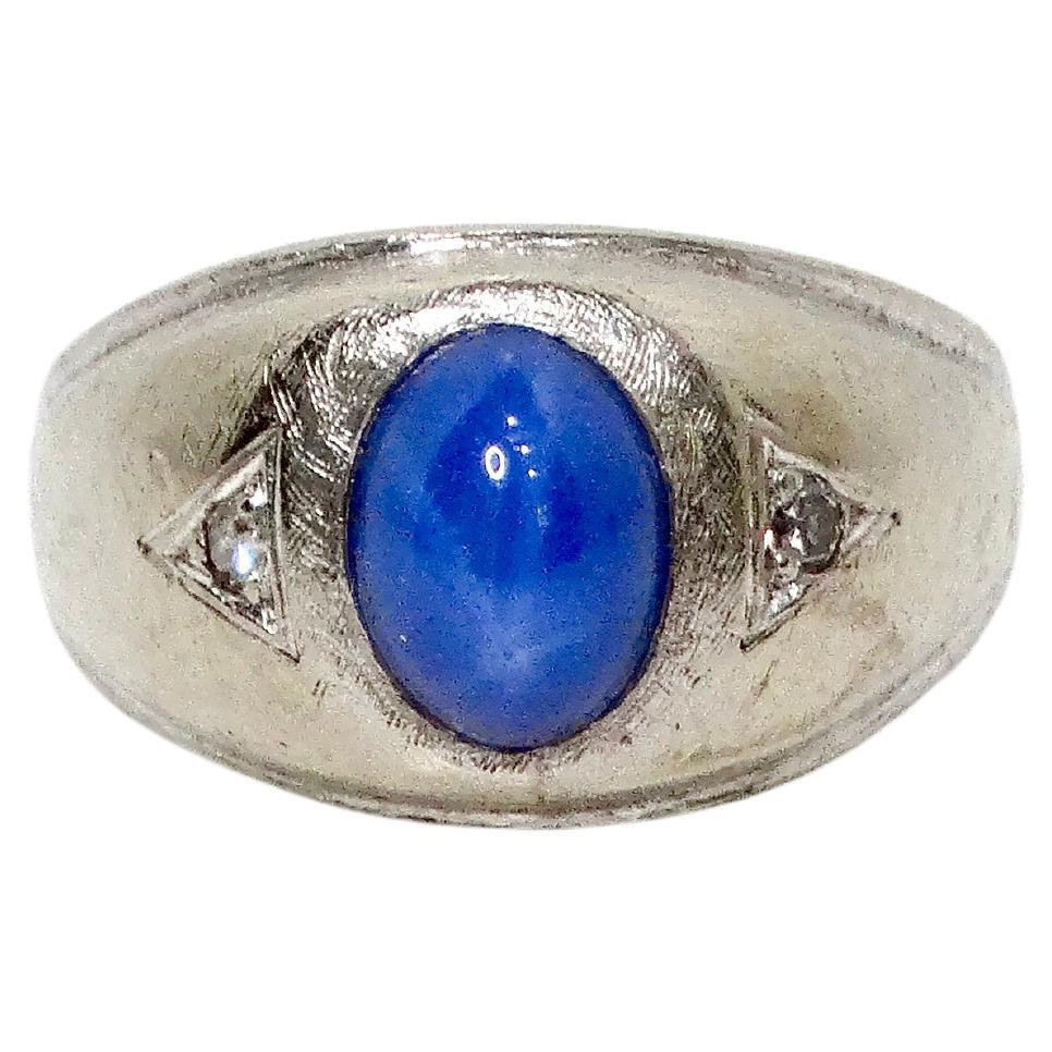 Blue Star Sapphire Etched 14k White Gold Cocktail Ring circa 1950s For Sale