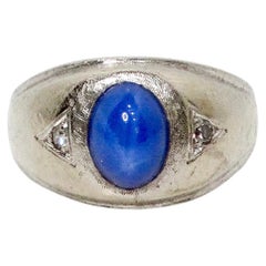 Blue Star Sapphire Etched 14k White Gold Cocktail Ring circa 1950s