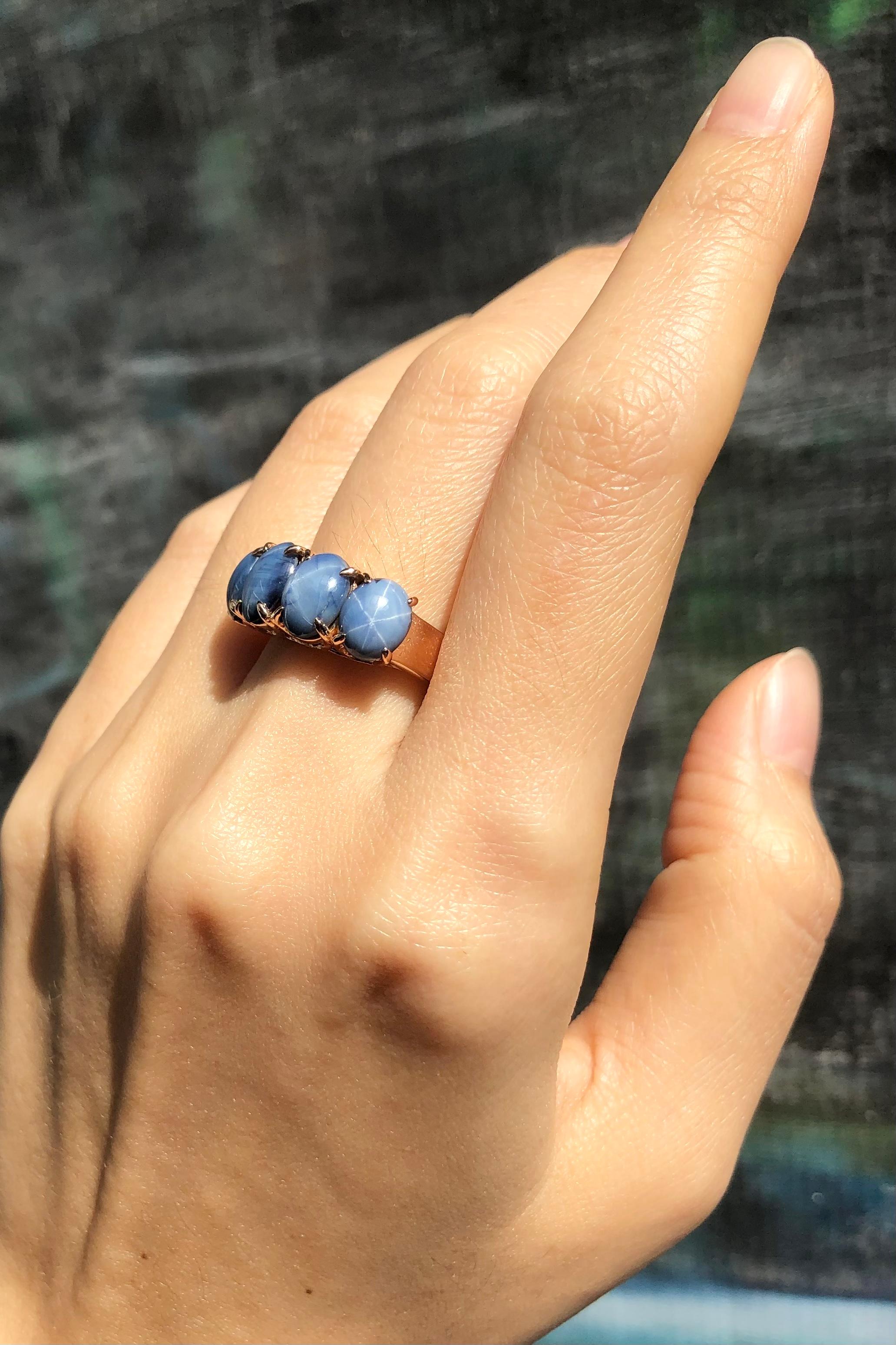 Cabochon Blue Star Sapphire Ring Set in 18 Karat Rose Gold Settings For Sale