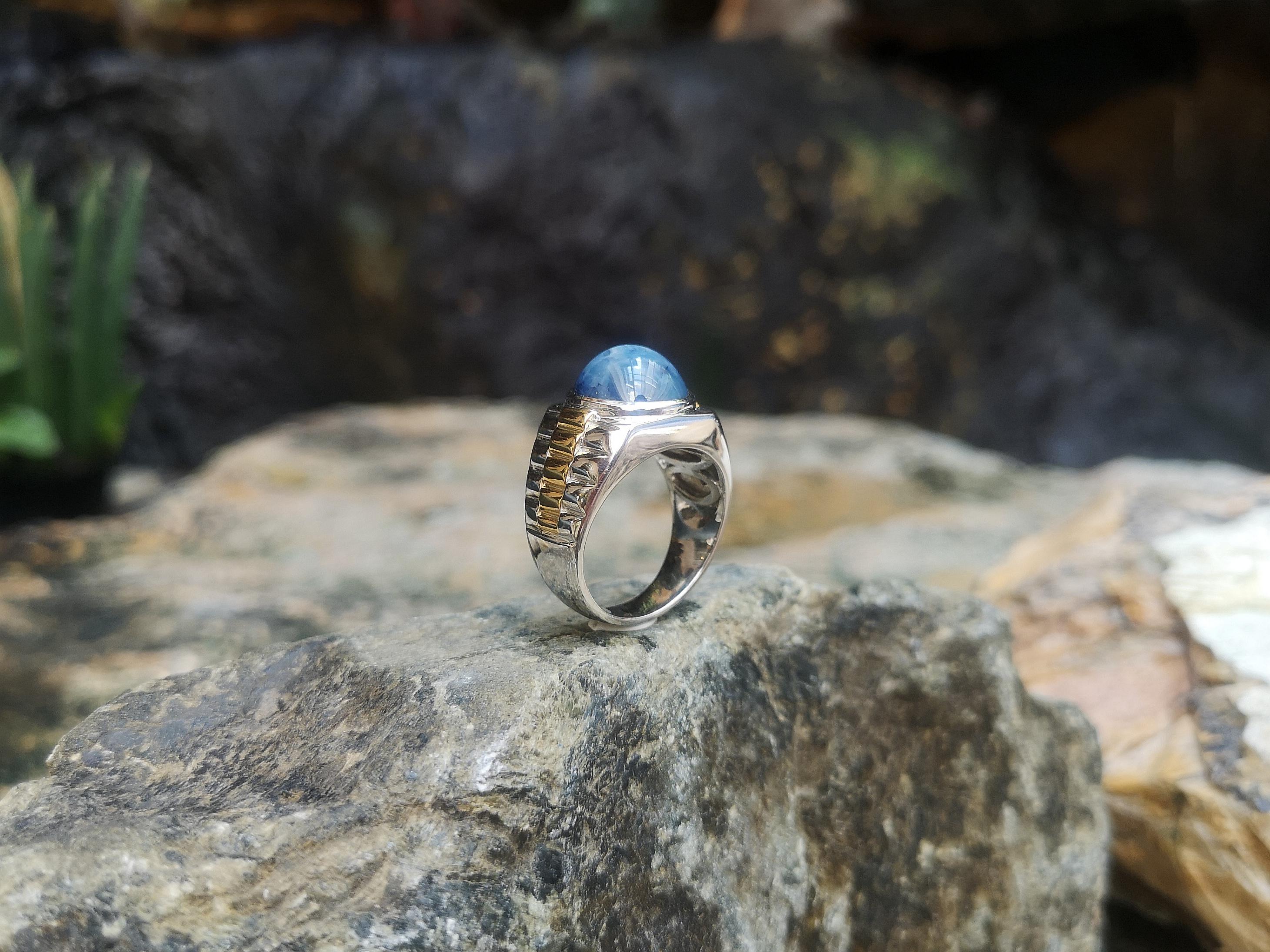Blue Star Sapphire Ring Set in 18 Karat White Gold Settings For Sale 2