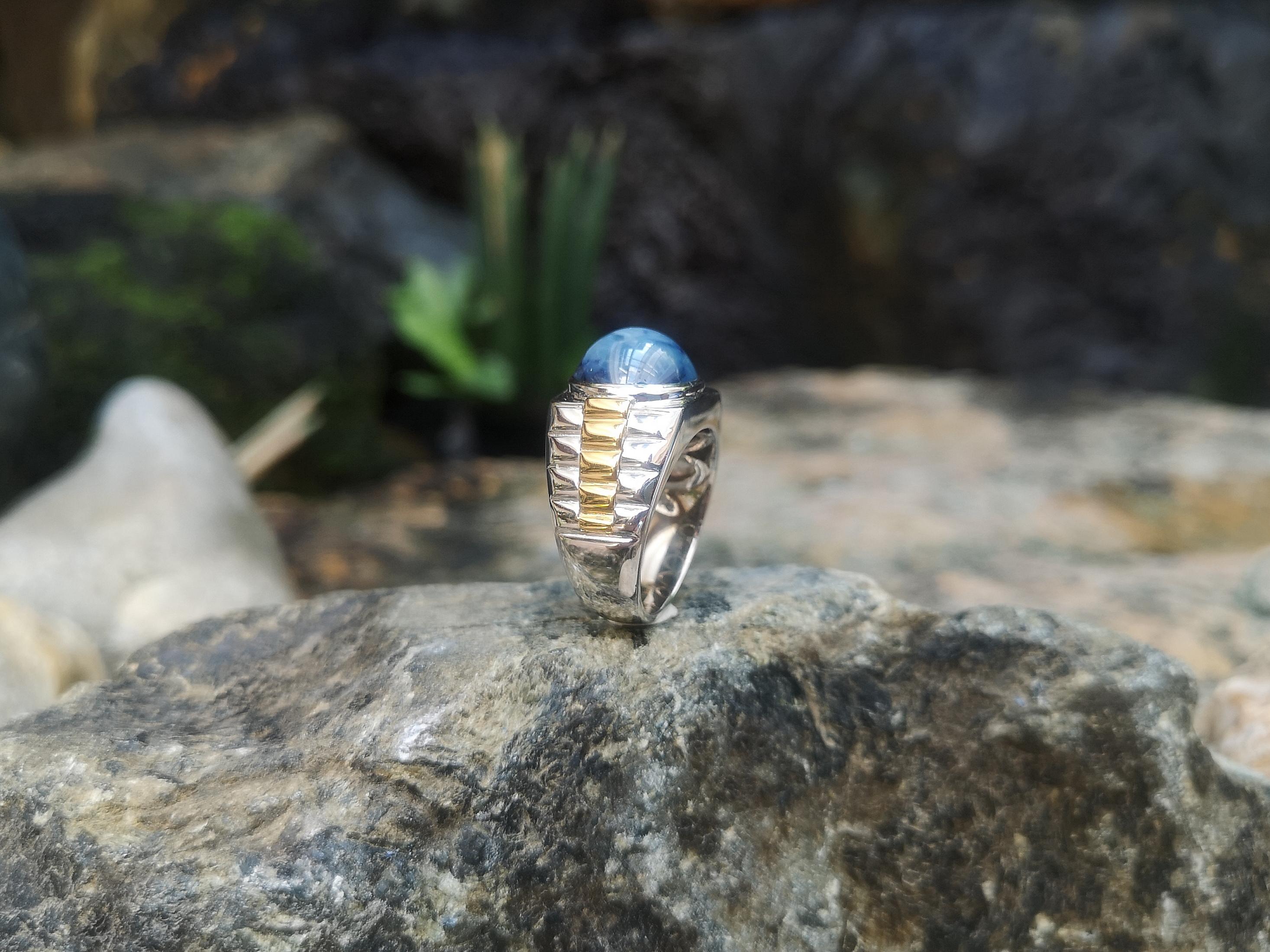 Blue Star Sapphire Ring Set in 18 Karat White Gold Settings For Sale 4
