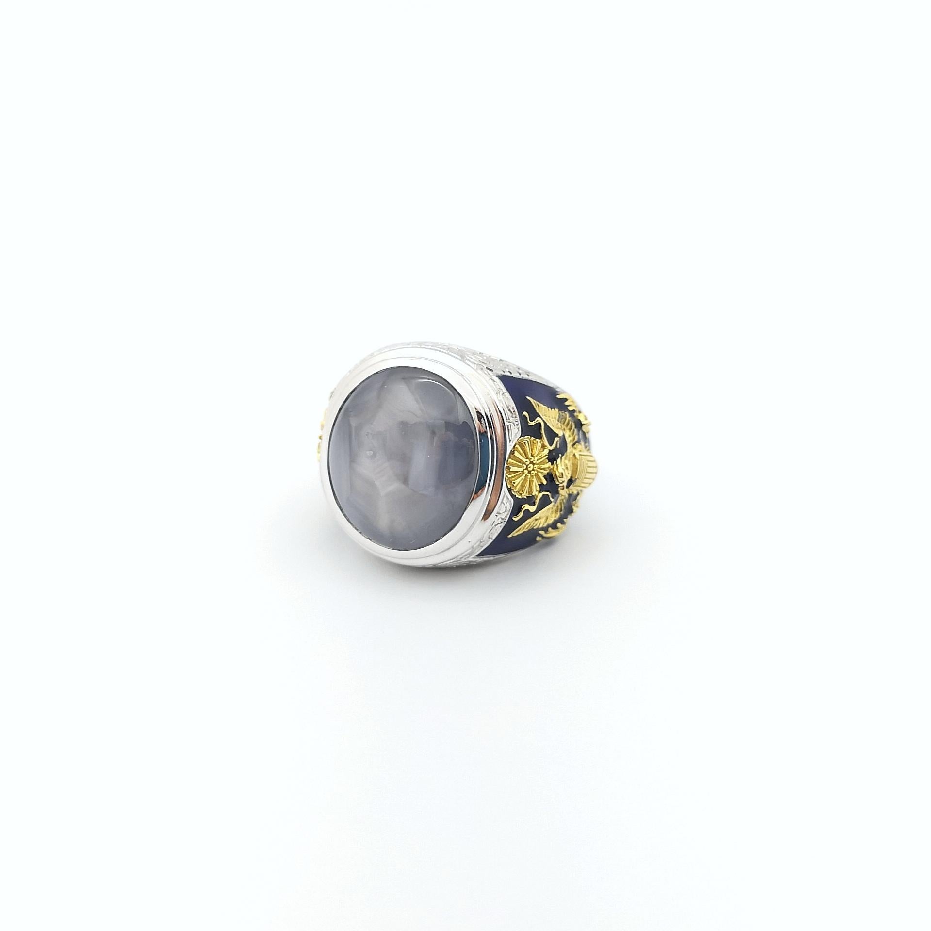 Blue Star Sapphire Ring set in 18K White Gold Settings For Sale 4