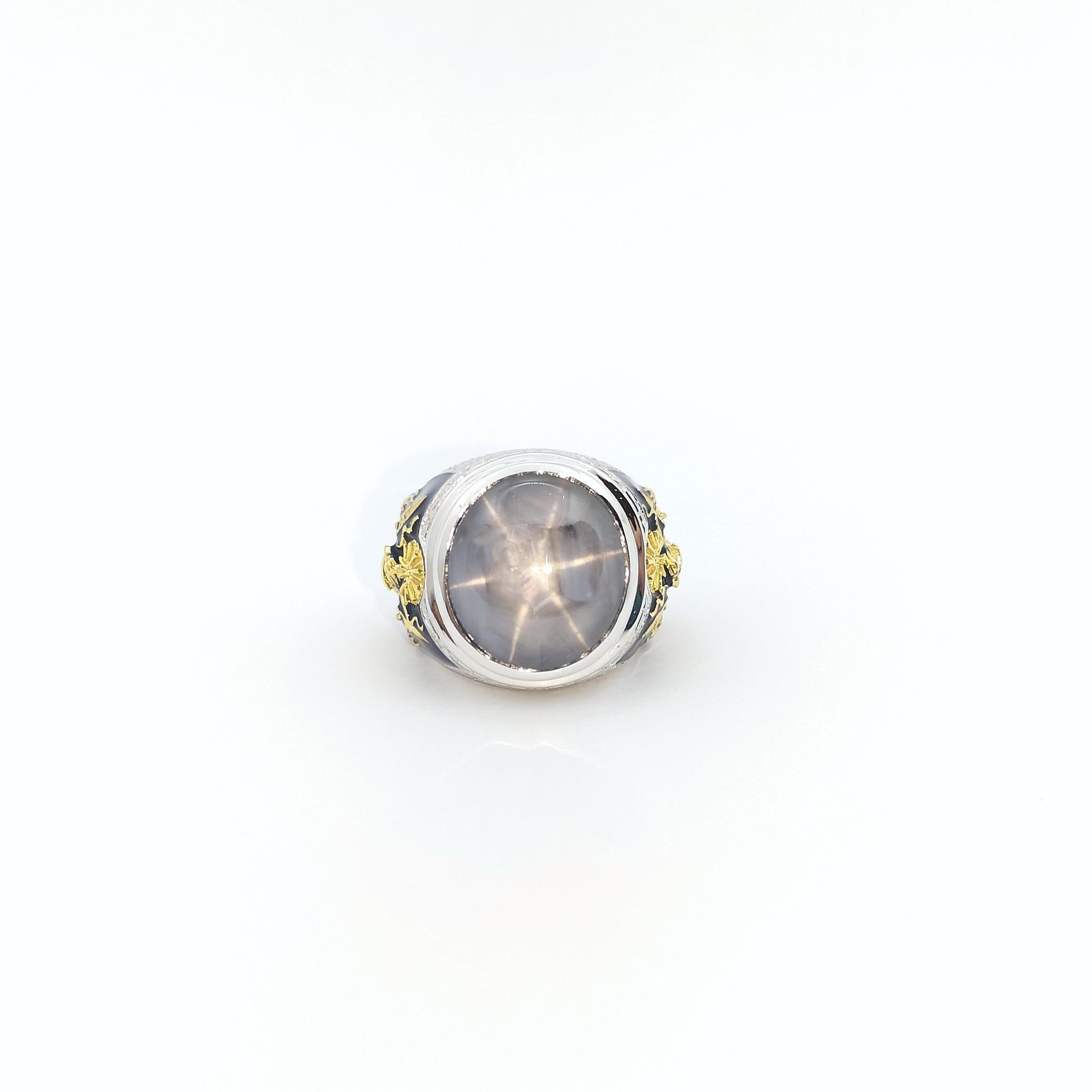 Blue Star Sapphire Ring set in 18K White Gold Settings For Sale 5