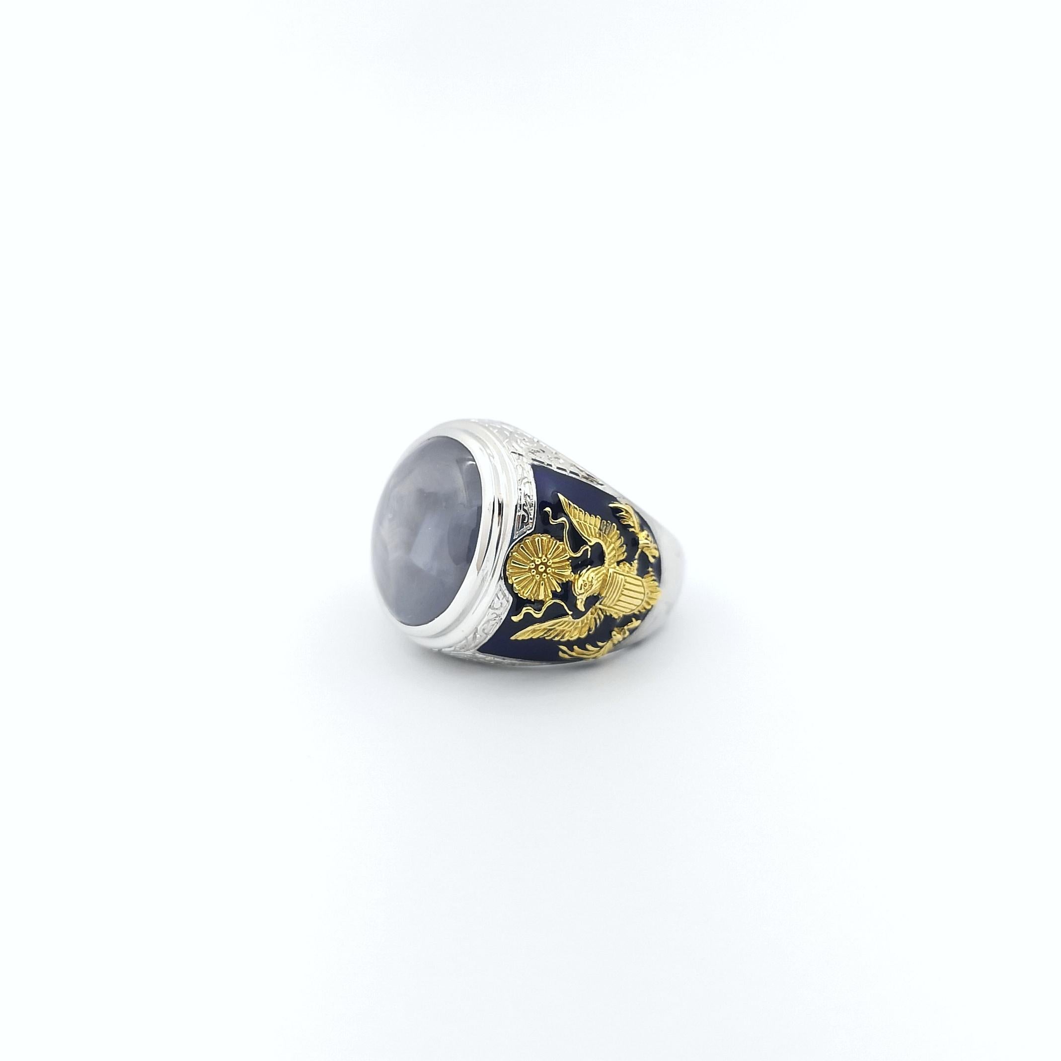 Blue Star Sapphire Ring set in 18K White Gold Settings For Sale 6