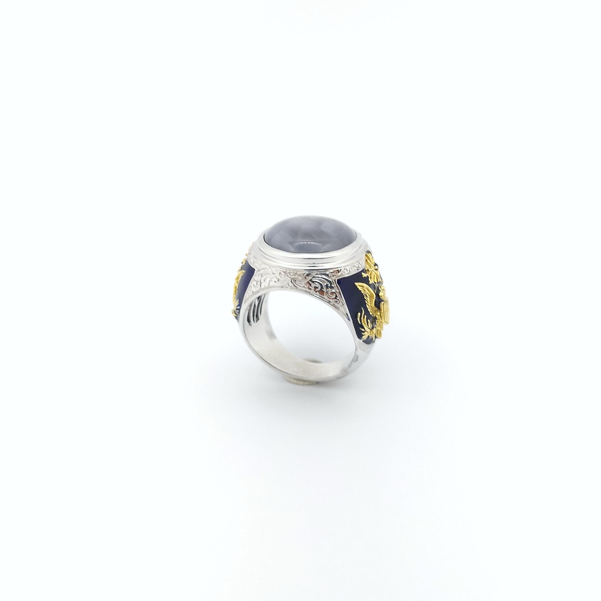 Blue Star Sapphire Ring set in 18K White Gold Settings For Sale 8