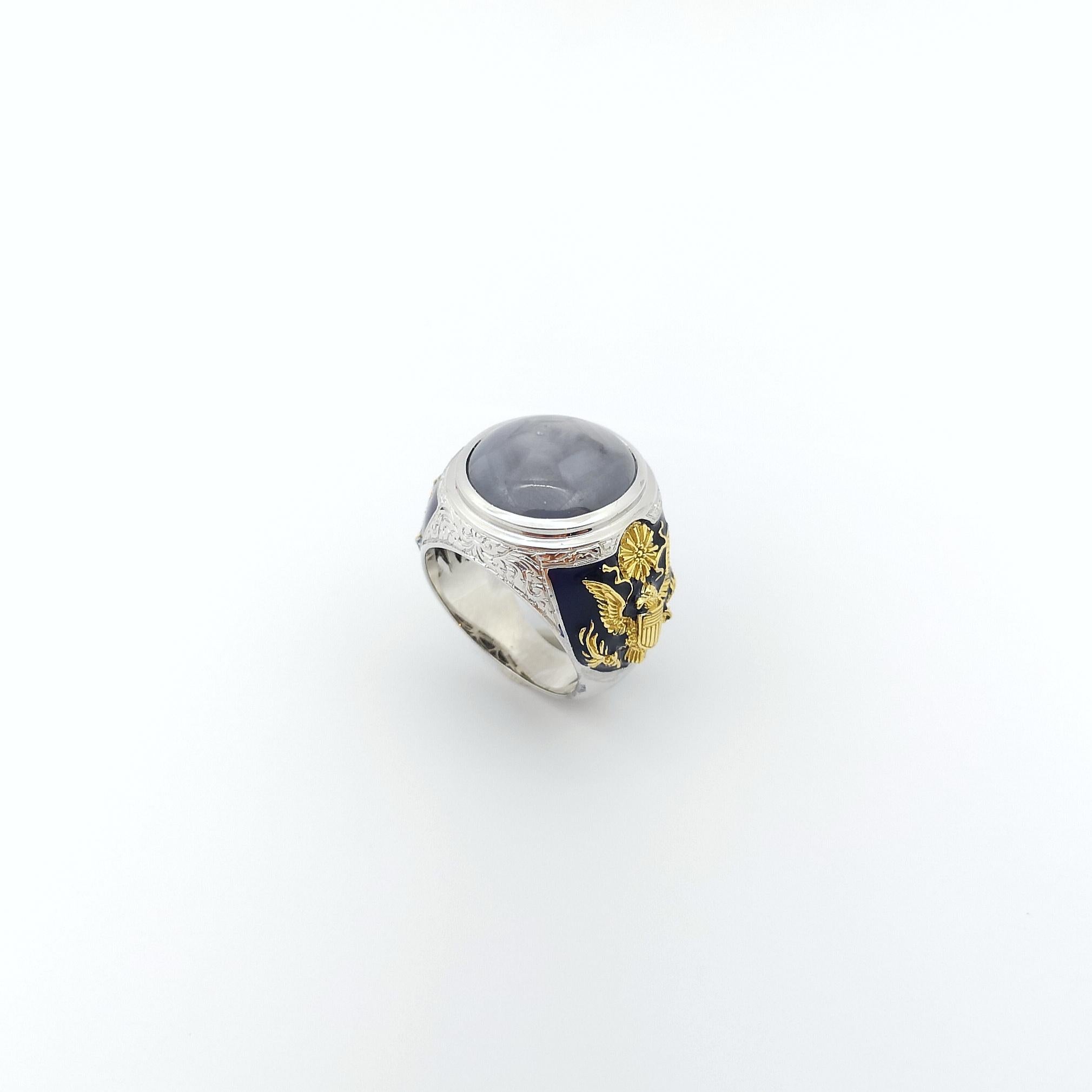 Blue Star Sapphire Ring set in 18K White Gold Settings For Sale 9