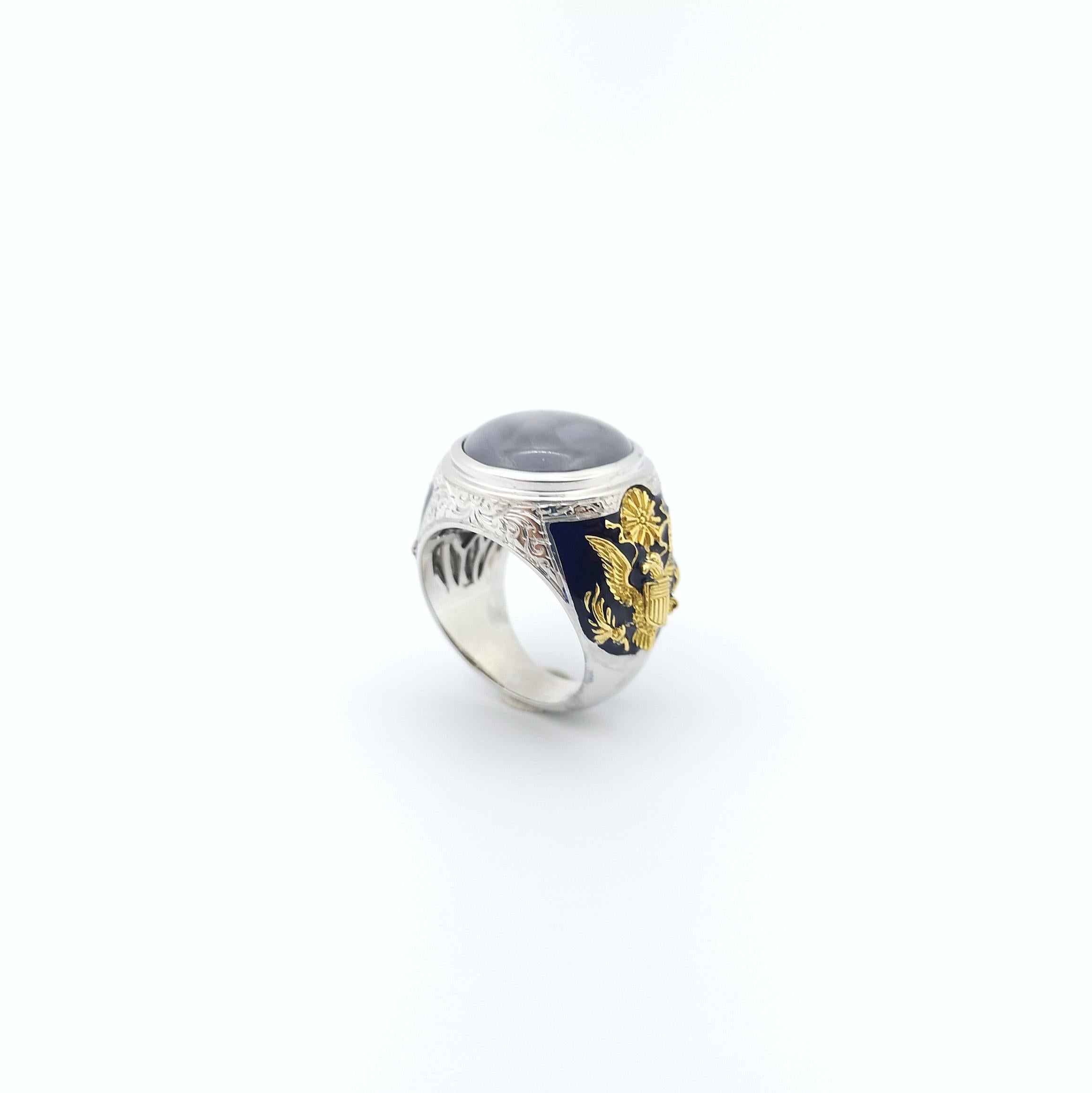 Blue Star Sapphire Ring set in 18K White Gold Settings For Sale 10