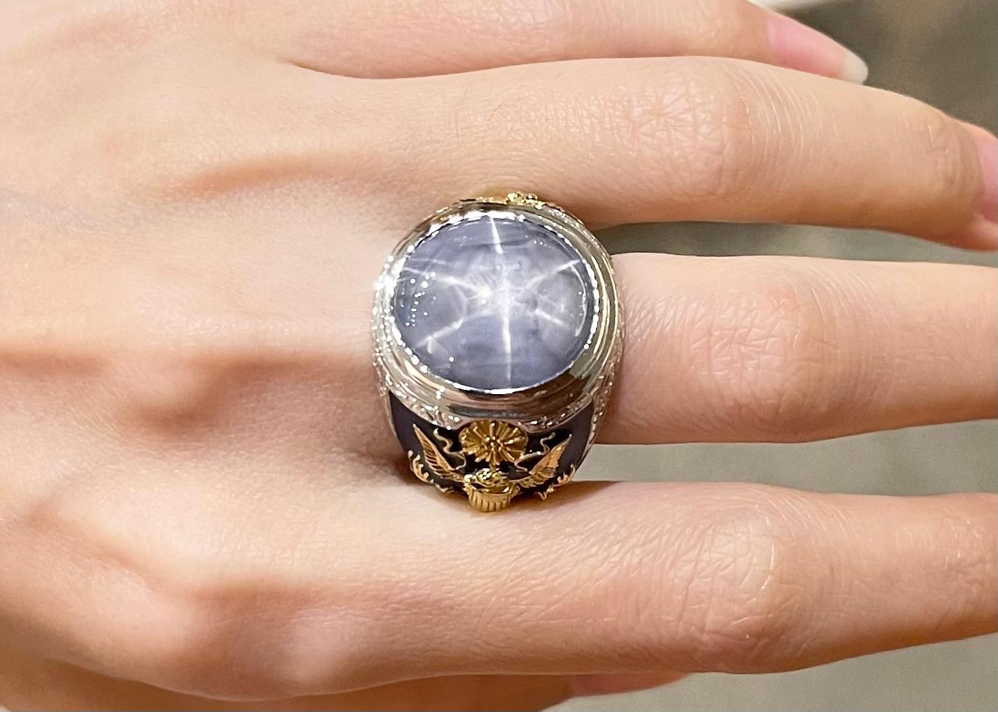 Blue Star Sapphire Ring set in 18K White Gold Settings For Sale 1