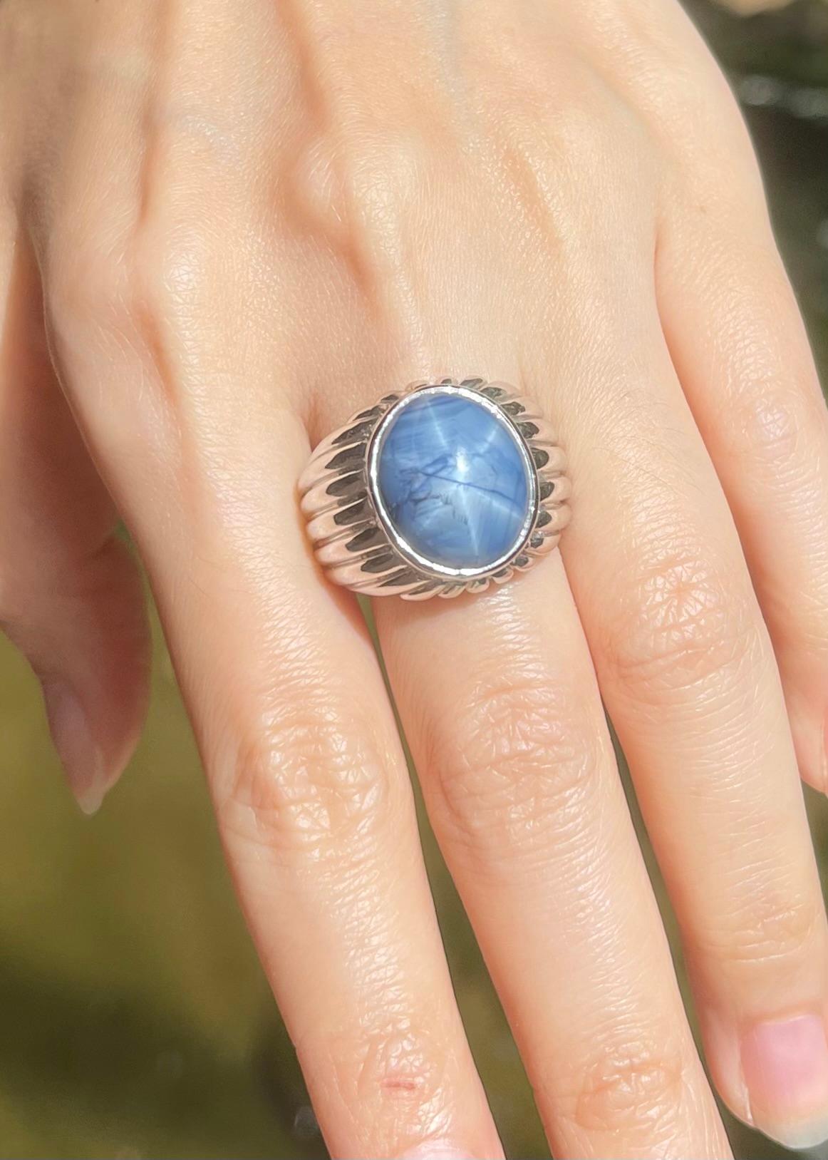 Uncut Blue Star Sapphire Ring set in Platinum 950 Settings For Sale