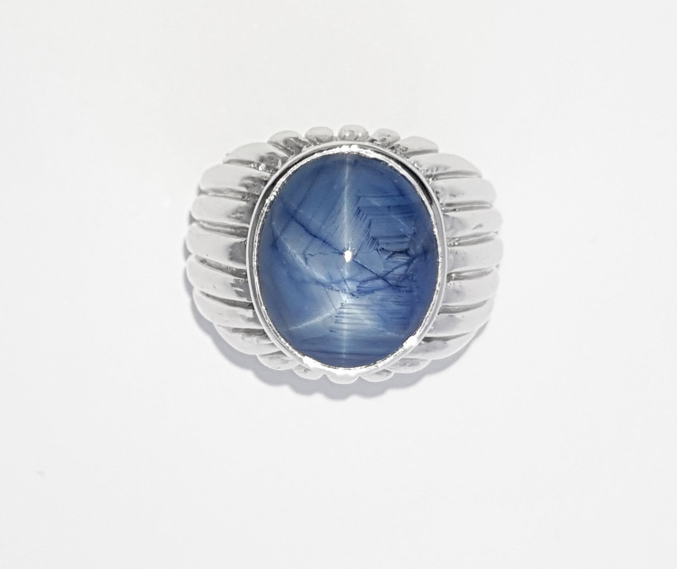 Blue Star Sapphire Ring set in Platinum 950 Settings For Sale 2