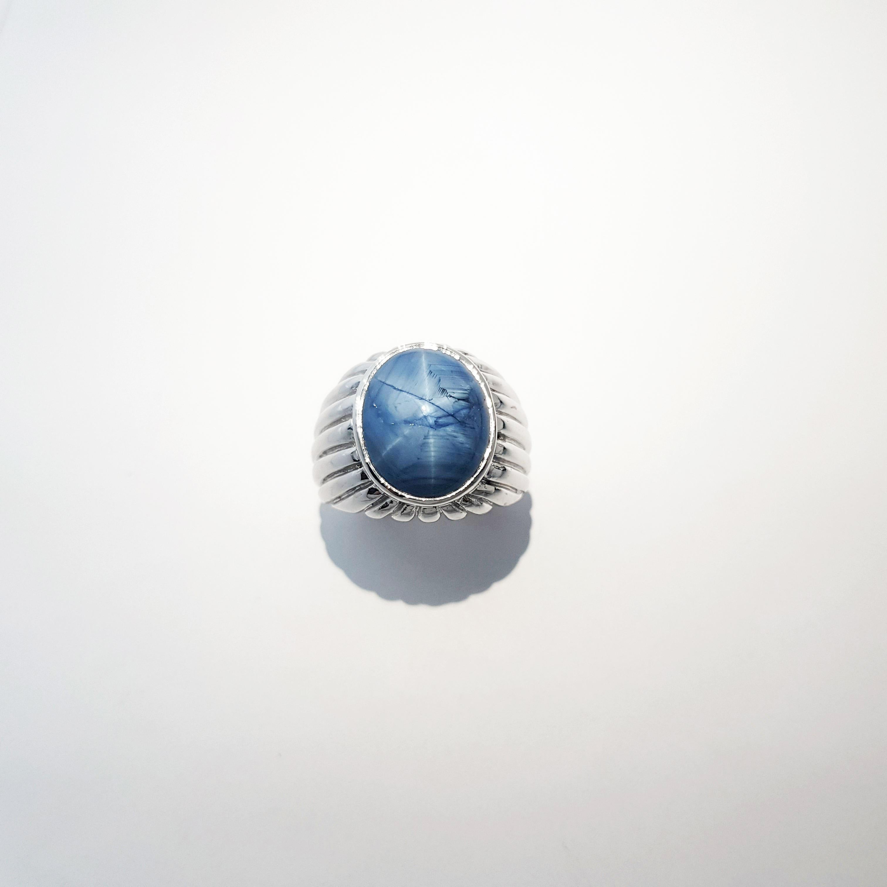 Blue Star Sapphire Ring set in Platinum 950 Settings For Sale 3