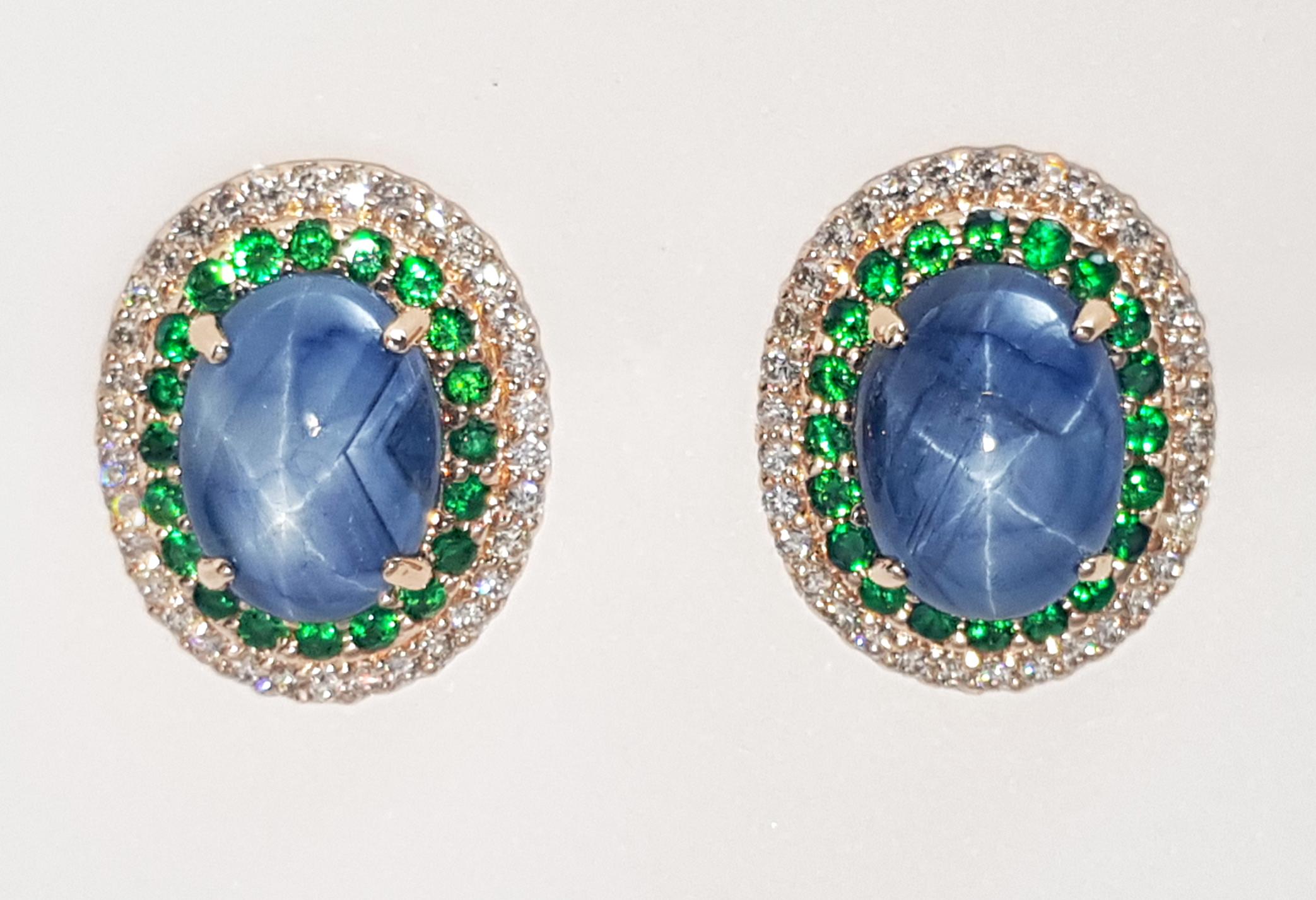 Contemporary Blue Star Sapphire, Tsavorite and Brown Diamond Earrings set in 18K Rose Gold For Sale