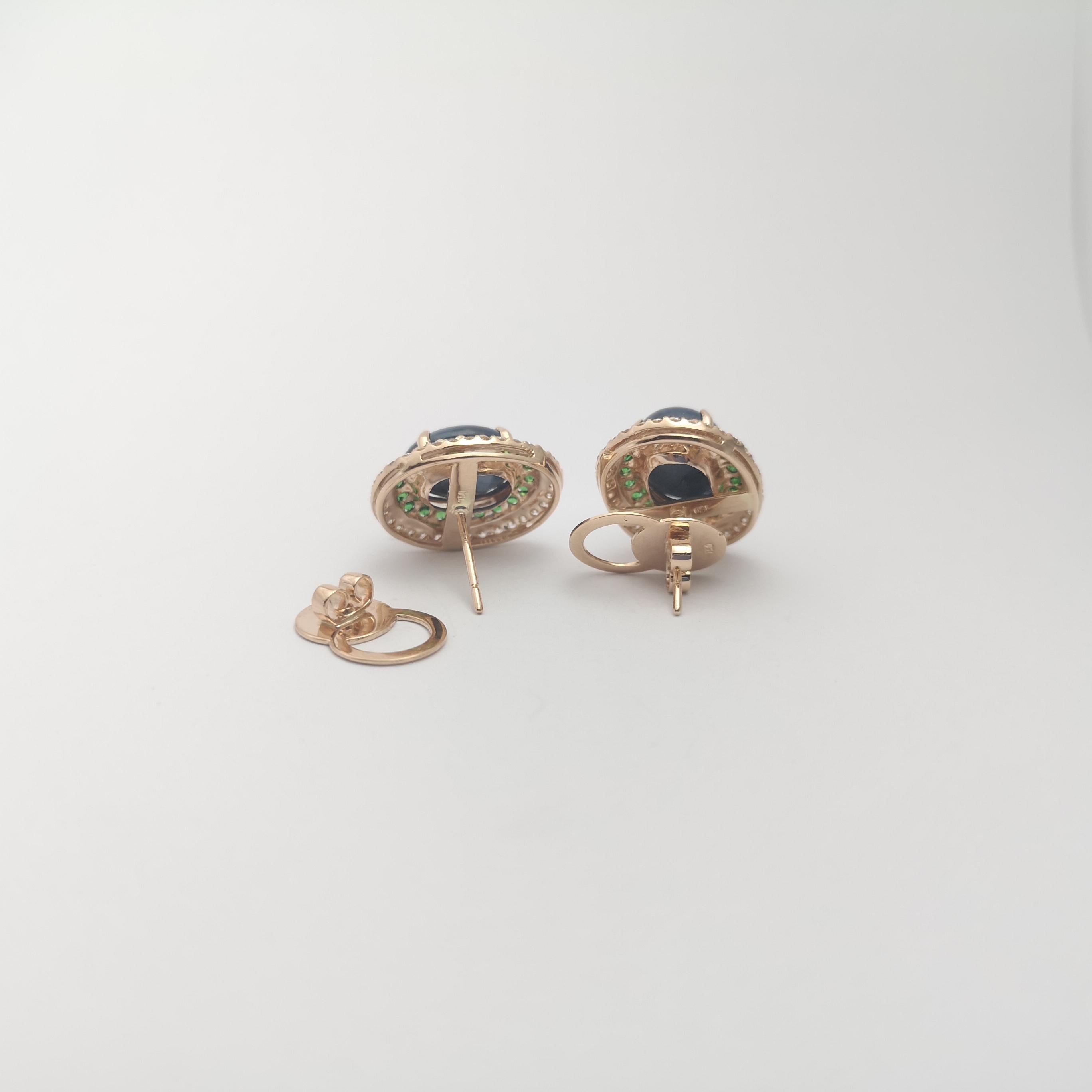 Uncut Blue Star Sapphire, Tsavorite and Brown Diamond Earrings set in 18K Rose Gold For Sale