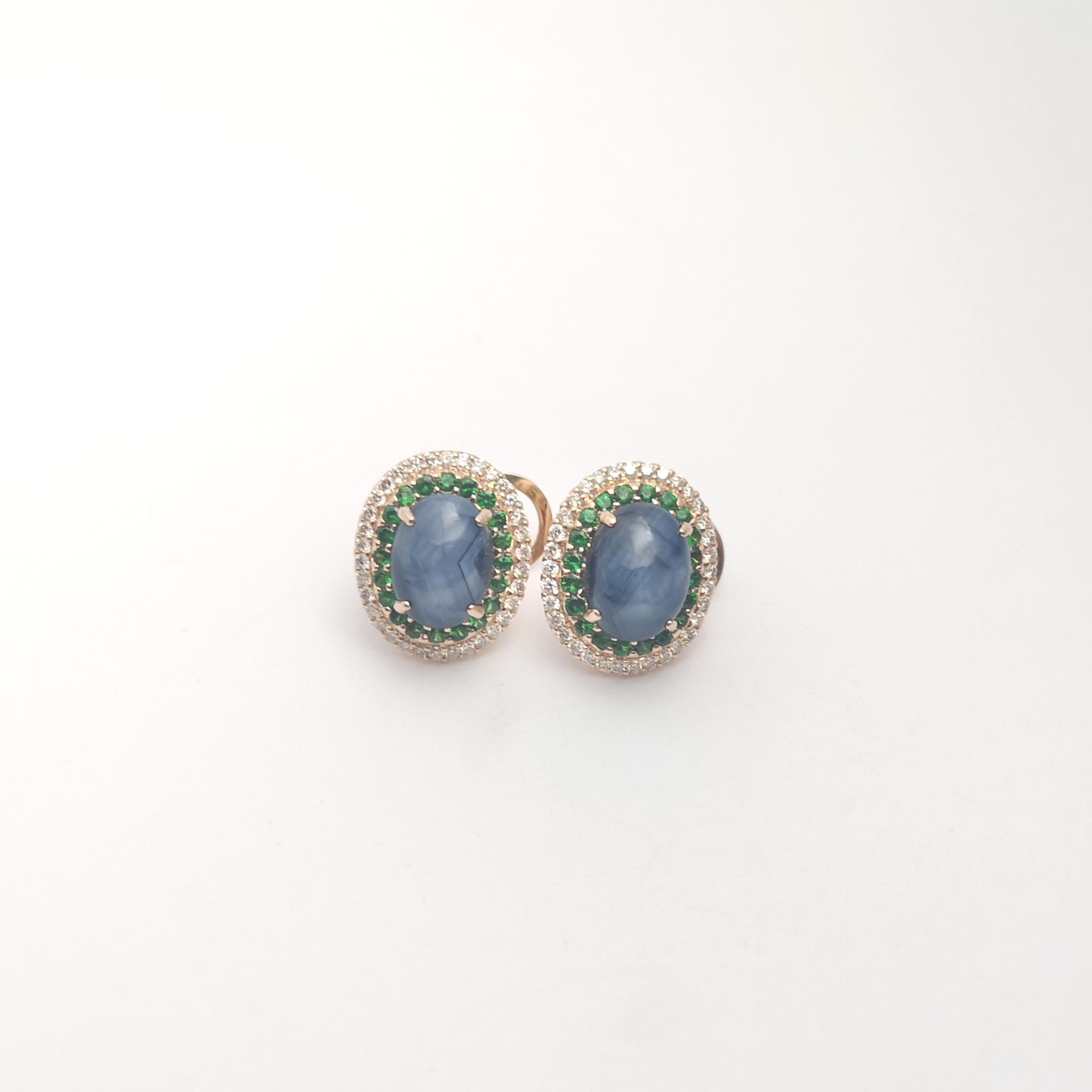 Women's Blue Star Sapphire, Tsavorite and Brown Diamond Earrings set in 18K Rose Gold For Sale
