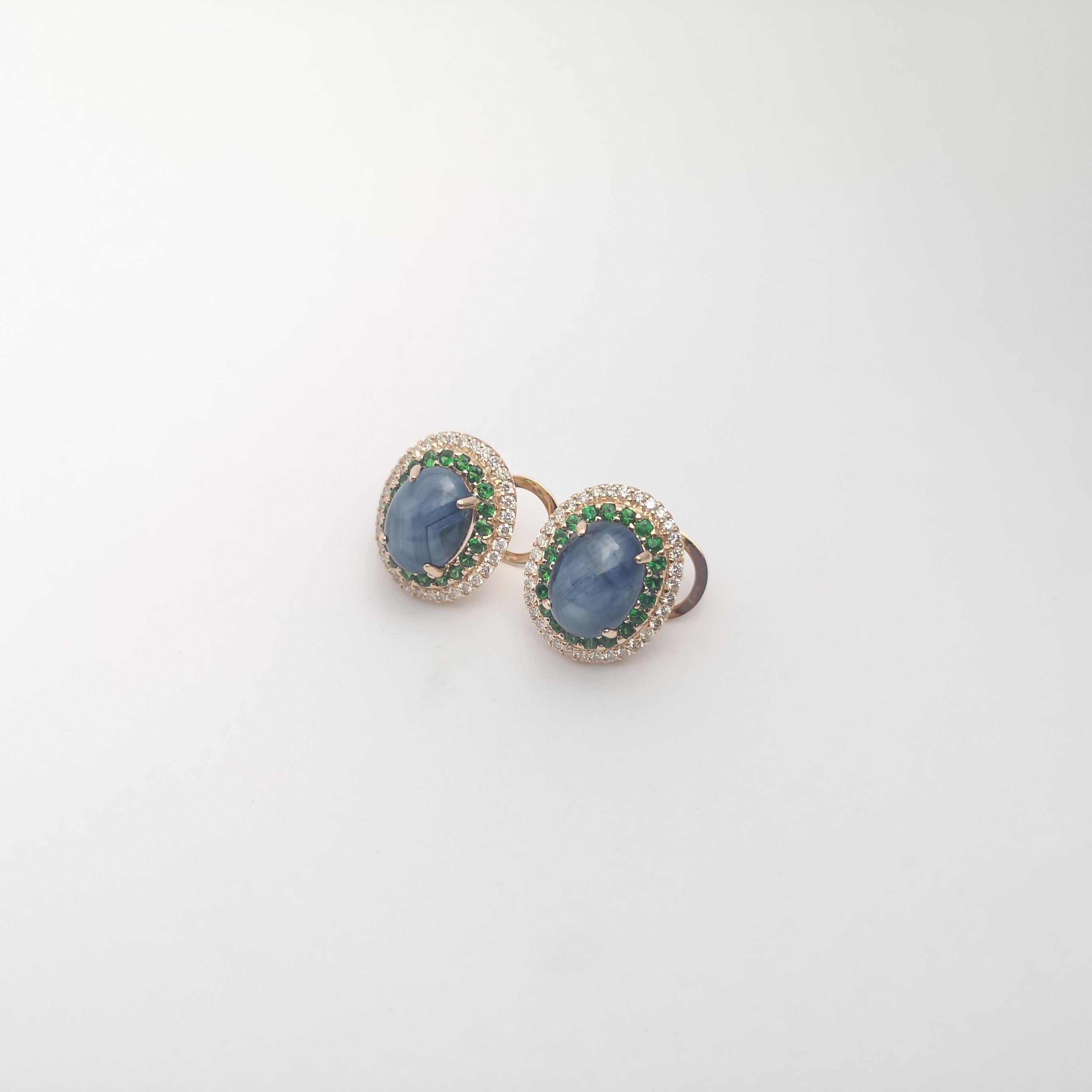 Blue Star Sapphire, Tsavorite and Brown Diamond Earrings set in 18K Rose Gold For Sale 2